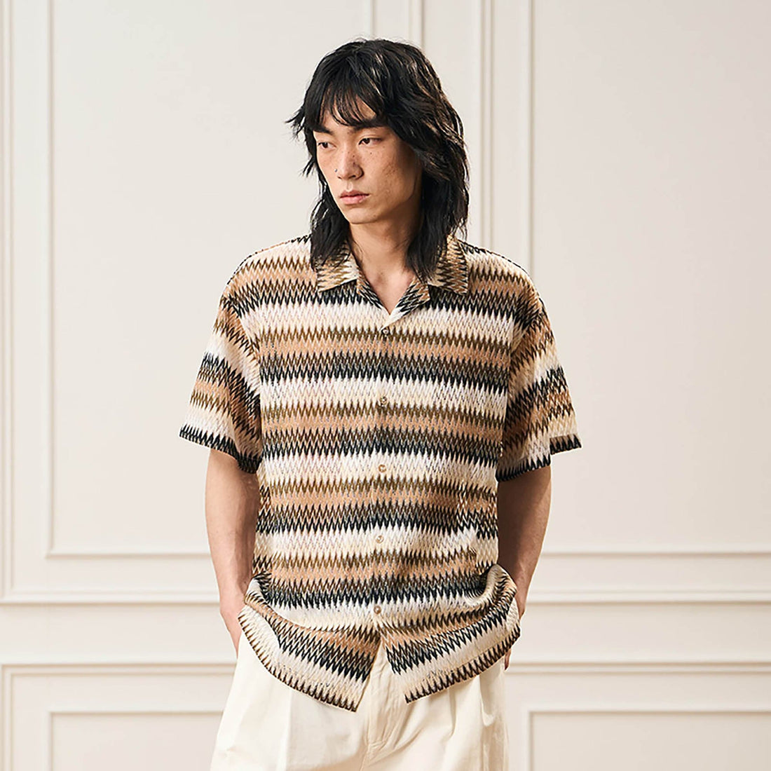 EPIC POETRY Geometric Ripple Knitted Half Shirt Brown-Half shirt-S-Free Shipping Leatheretro