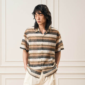 EPIC POETRY Geometric Ripple Knitted Half Shirt Brown-Half shirt-S-Free Shipping Leatheretro