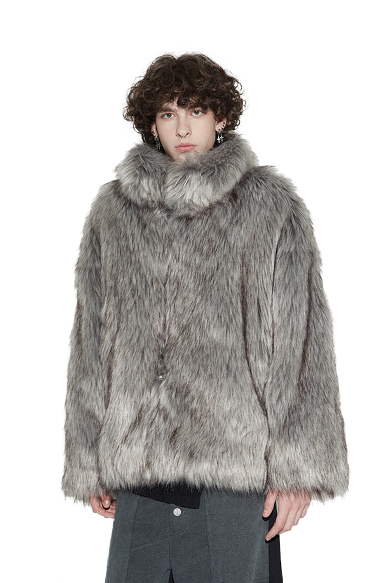 VANN VALRENC¨¦ Plush-Collar Volume-Fit Faux Fur Coat-Jacket-XS-Gray-Free Shipping Leatheretro