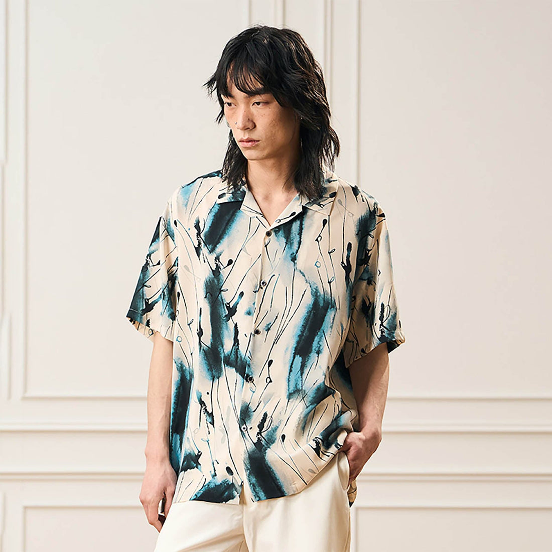 EPIC POETRY Ink Splash Cuban Half Shirt Blue-Half shirt-S-Free Shipping Leatheretro