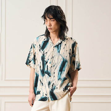 EPIC POETRY Ink Splash Cuban Half Shirt Blue-Half shirt-S-Free Shipping Leatheretro