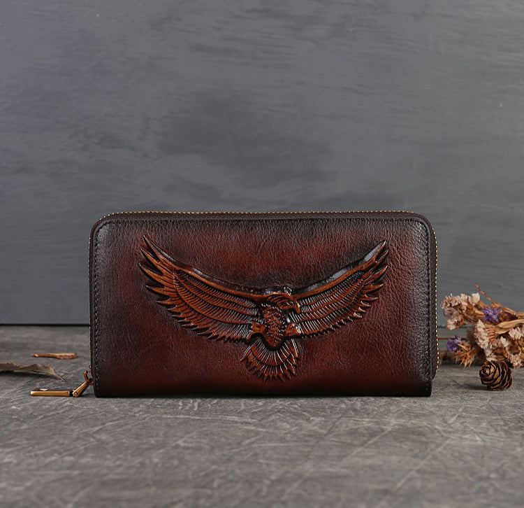 Full-Grain Leather Unisex Wallet - Multi-Card Slots, Eagle Design Spacious Design & Phone Pocket-Handbags, Wallets & Cases-Dark Brown-Free Shipping Leatheretro