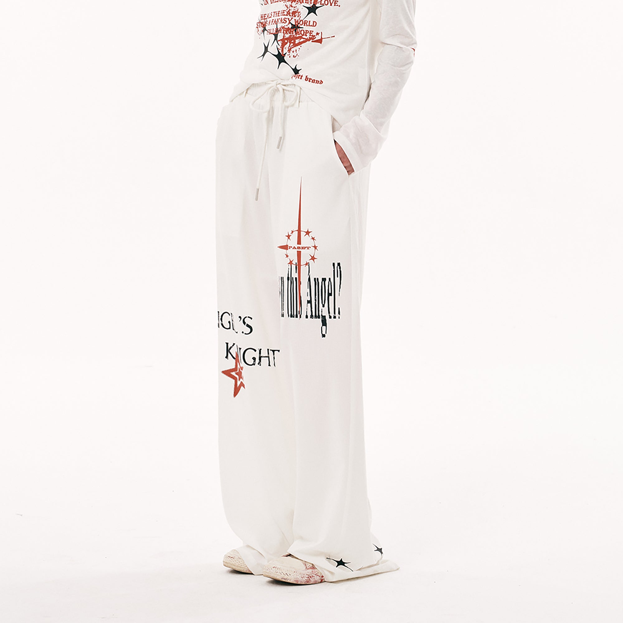 PASET Star Graphic Wide-Leg Pants-Pants-S / 26"-30"-White-Free Shipping Leatheretro