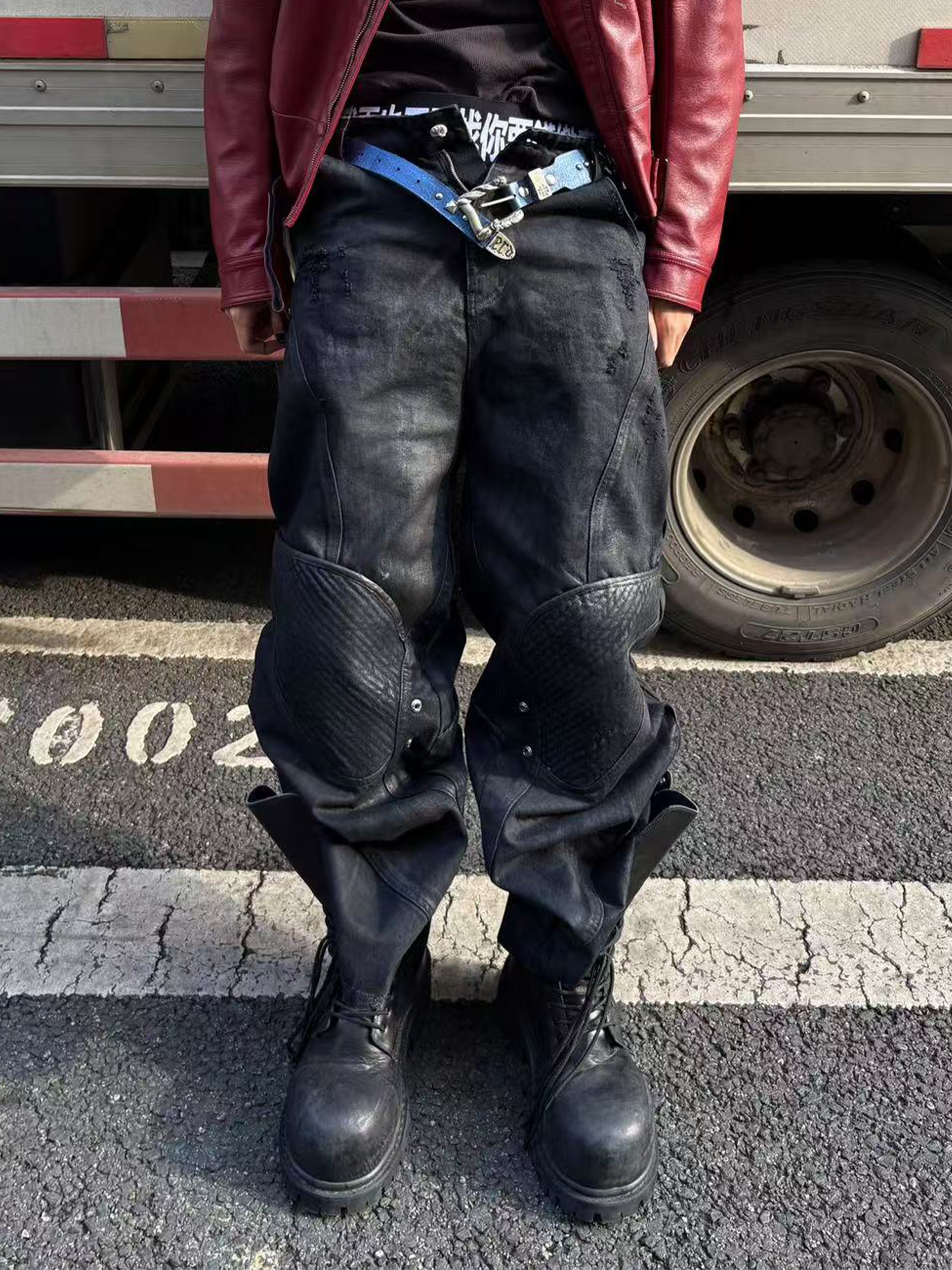 TH4SWE x GOJOYJINNI Washed Waxed Armor Moto Jeans-Jeans-S-Free Shipping Leatheretro