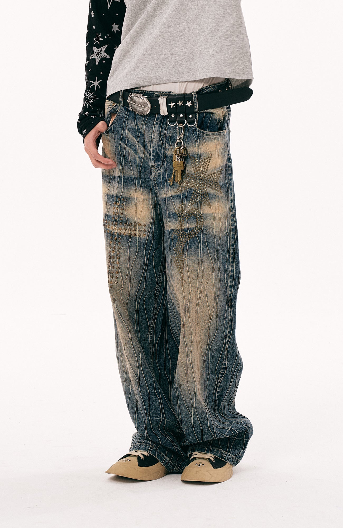 PASET Cross And Star Studded Wide-Leg Jeans-Jeans-S / 28"-Free Shipping Leatheretro
