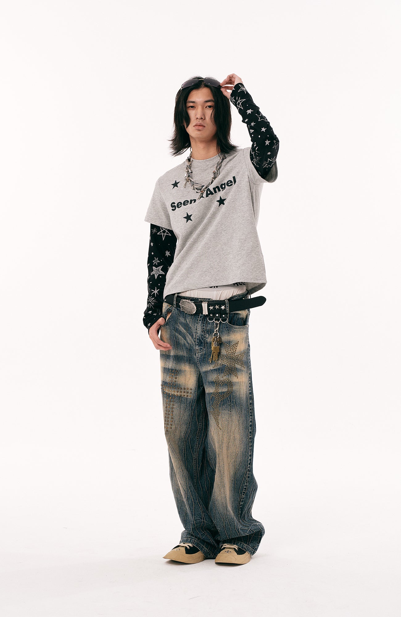 PASET Cross And Star Studded Wide-Leg Jeans-Jeans-S / 28"-Free Shipping Leatheretro