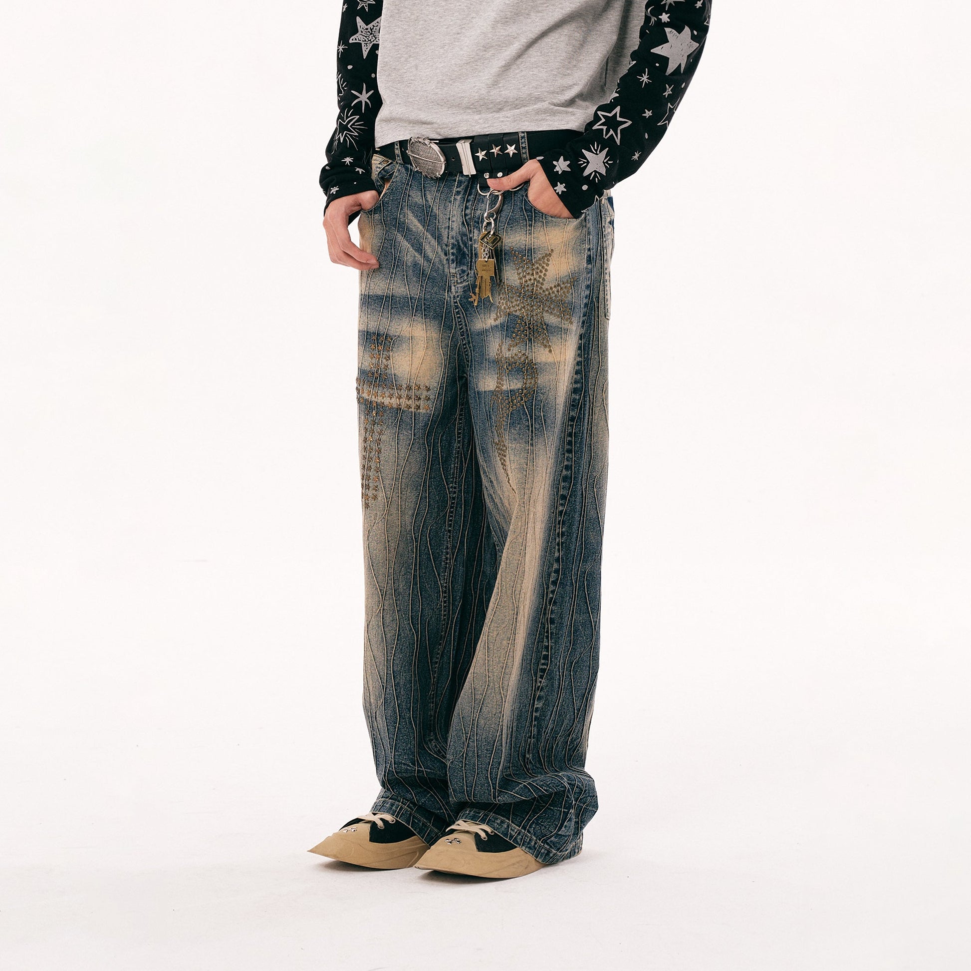 PASET Cross And Star Studded Wide-Leg Jeans-Jeans-S / 28"-Free Shipping Leatheretro