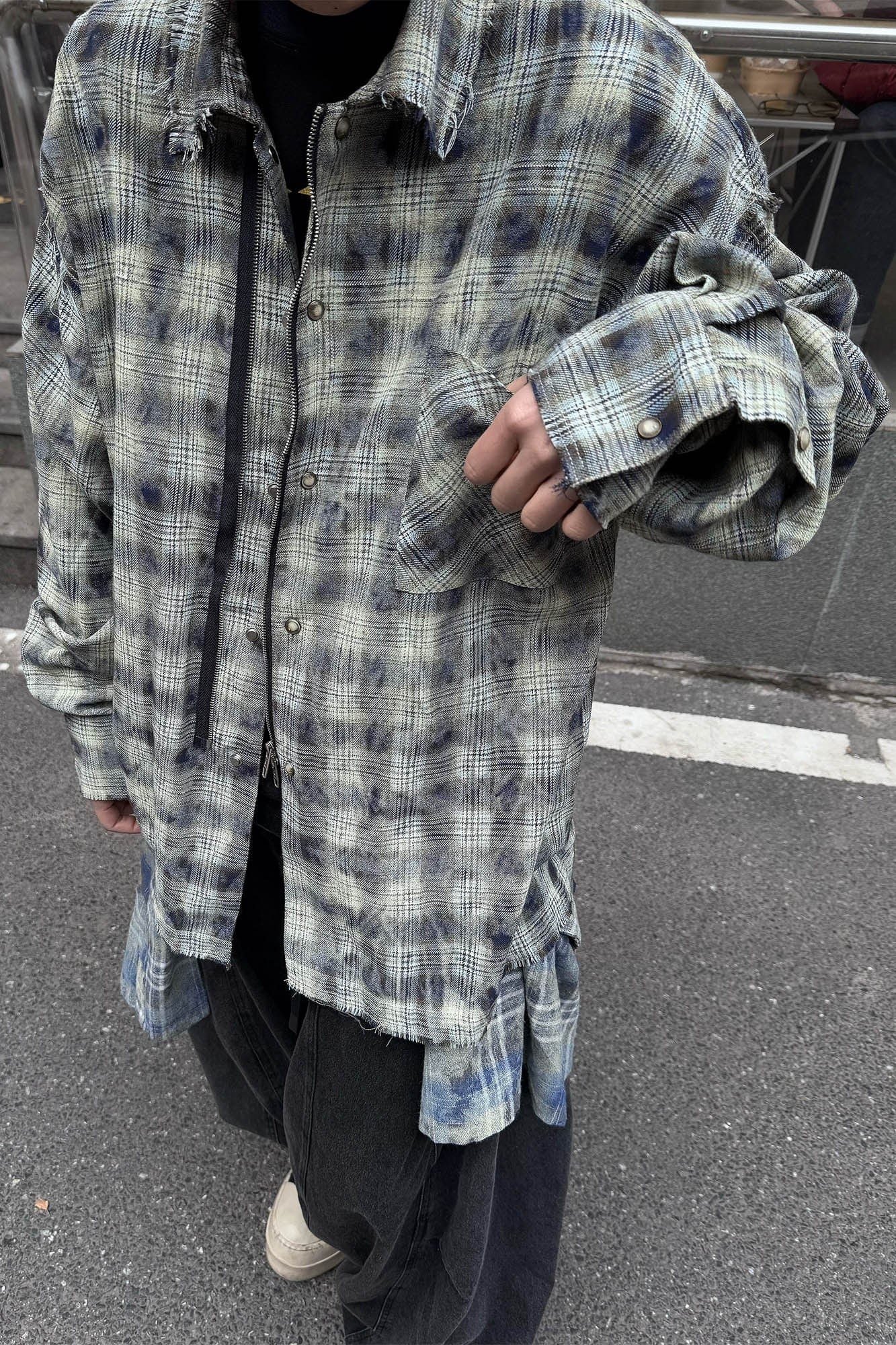 RELABEL Tie-dye Plaid Dual Closure Frayed Shirt-Shirt-XS-Blue-Free Shipping Leatheretro