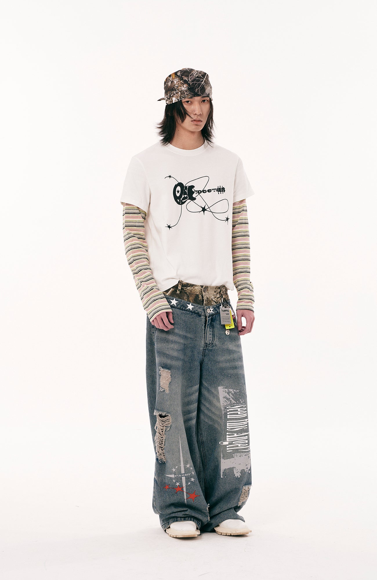 PASET Double Waist Camo Panel Distressed Jeans-Jeans-S / 28"-Free Shipping Leatheretro