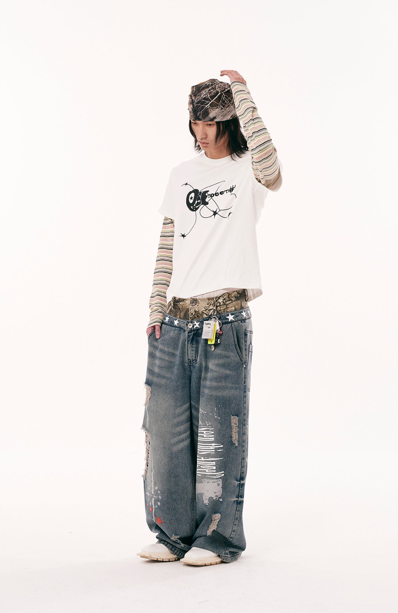 PASET Double Waist Camo Panel Distressed Jeans-Jeans-S / 28"-Free Shipping Leatheretro