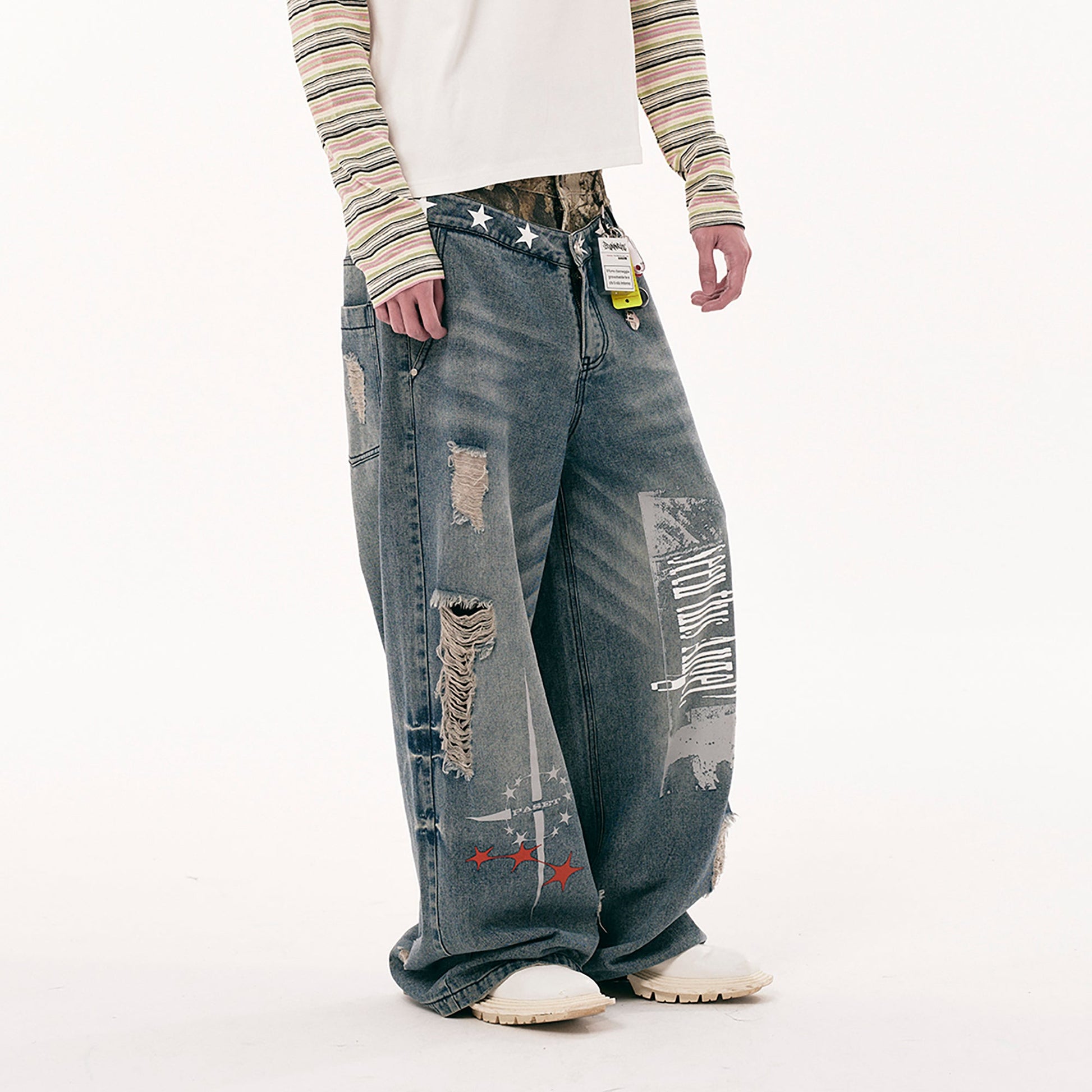 PASET Double Waist Camo Panel Distressed Jeans-Jeans-S / 28"-Free Shipping Leatheretro
