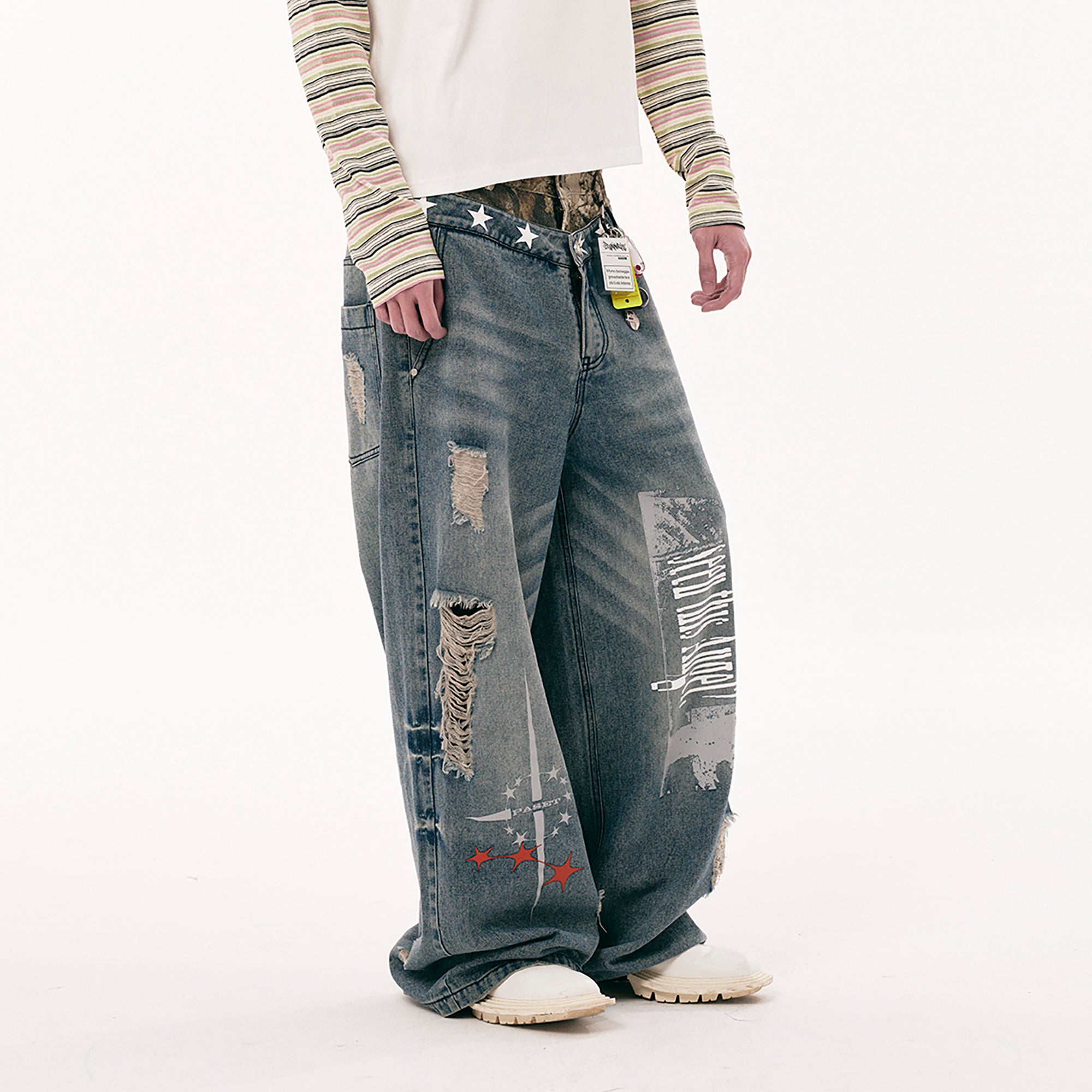 PASET Double Waist Camo Panel Distressed Jeans-Jeans-S / 28"-Free Shipping Leatheretro