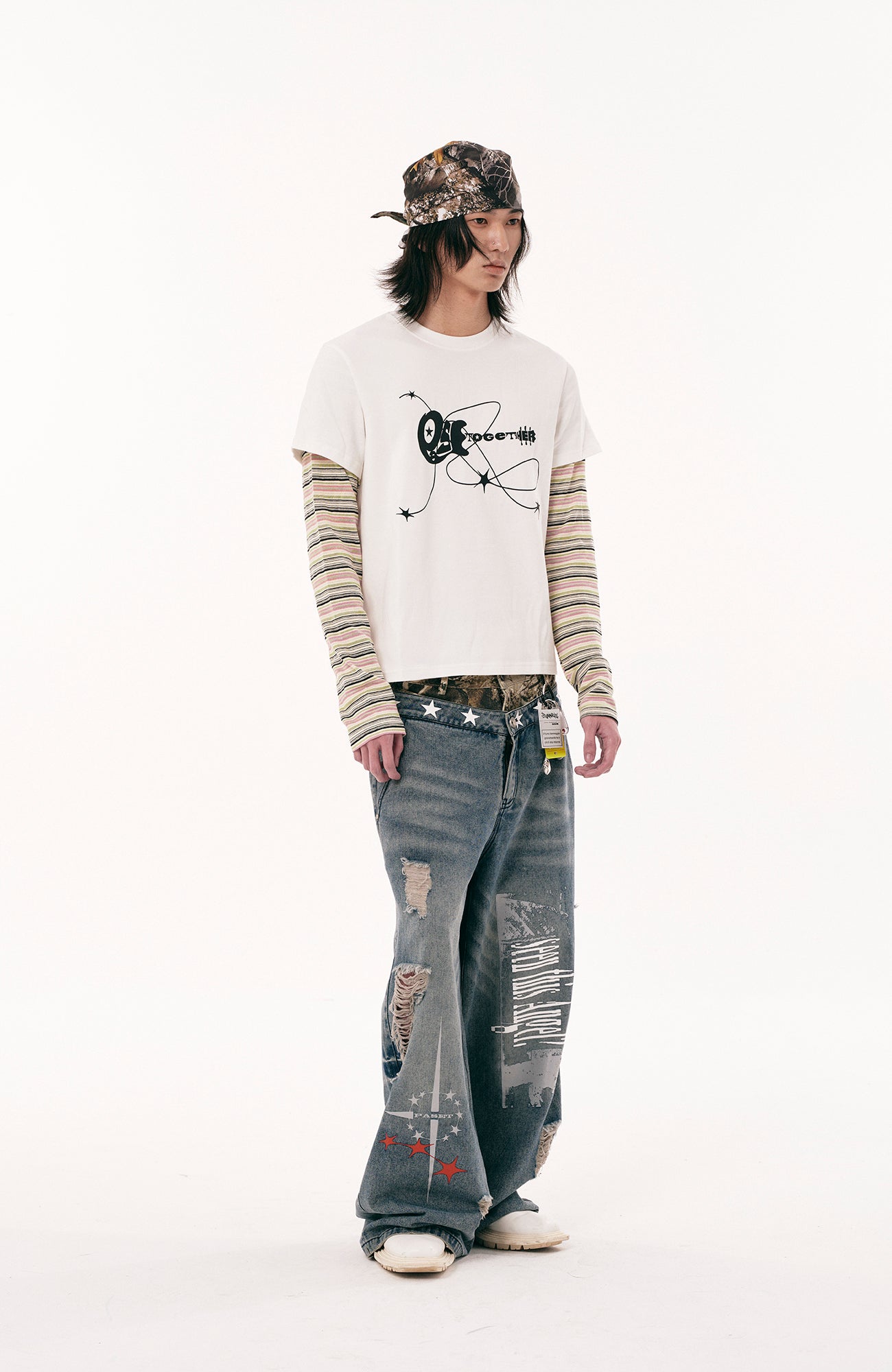 PASET Double Waist Camo Panel Distressed Jeans-Jeans-S / 28"-Free Shipping Leatheretro