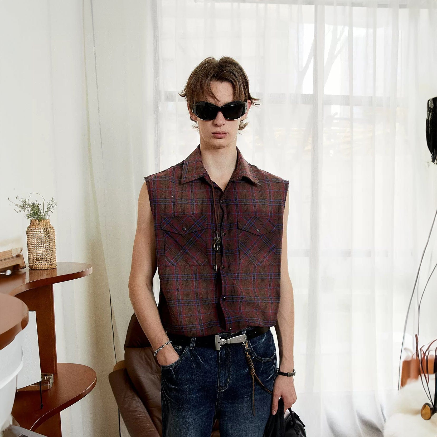 KREATE Distressed Plaid Vest-T Shirt-S-Red-Free Shipping Leatheretro