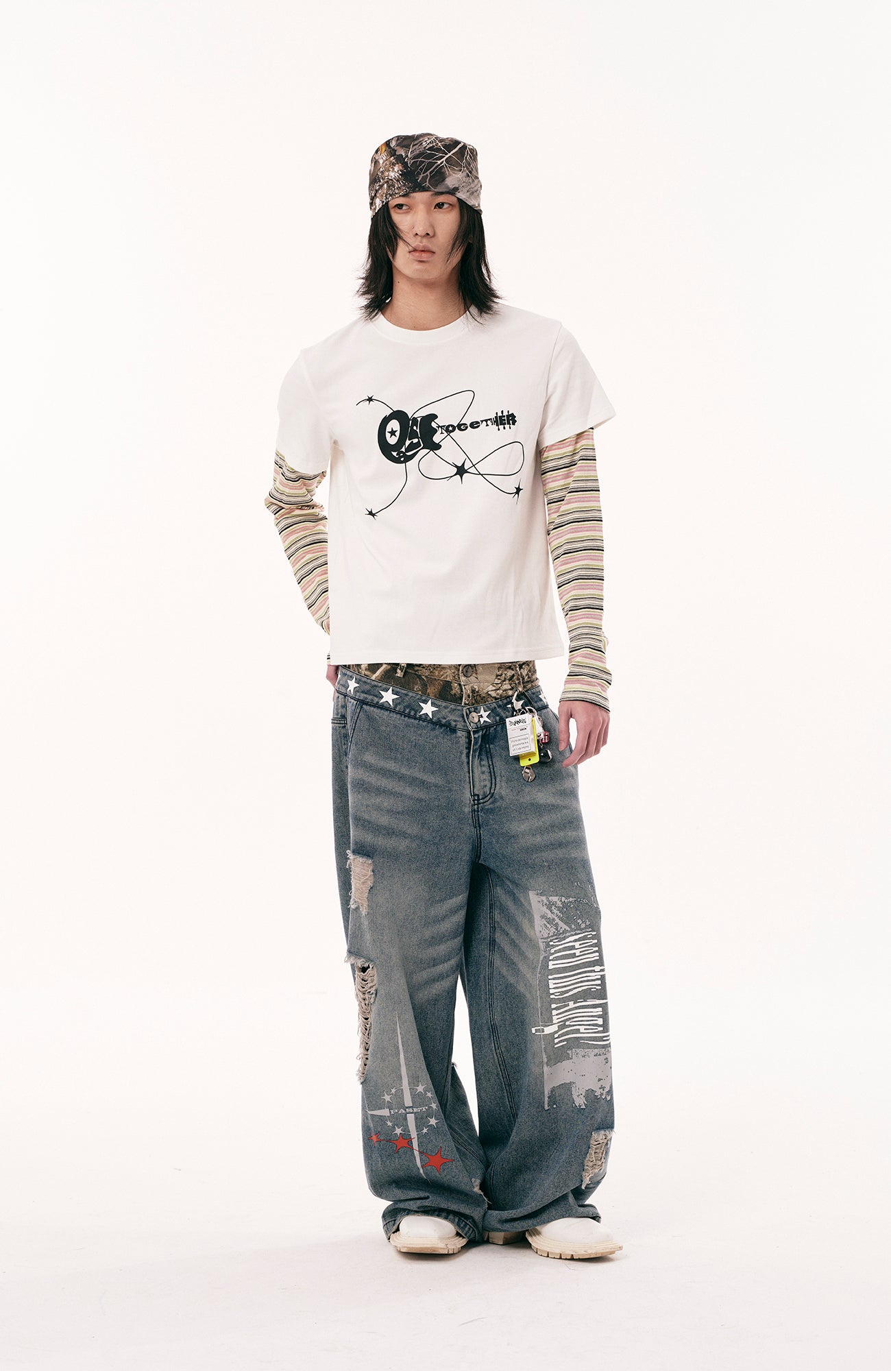 PASET Double Waist Camo Panel Distressed Jeans-Jeans-S / 28"-Free Shipping Leatheretro