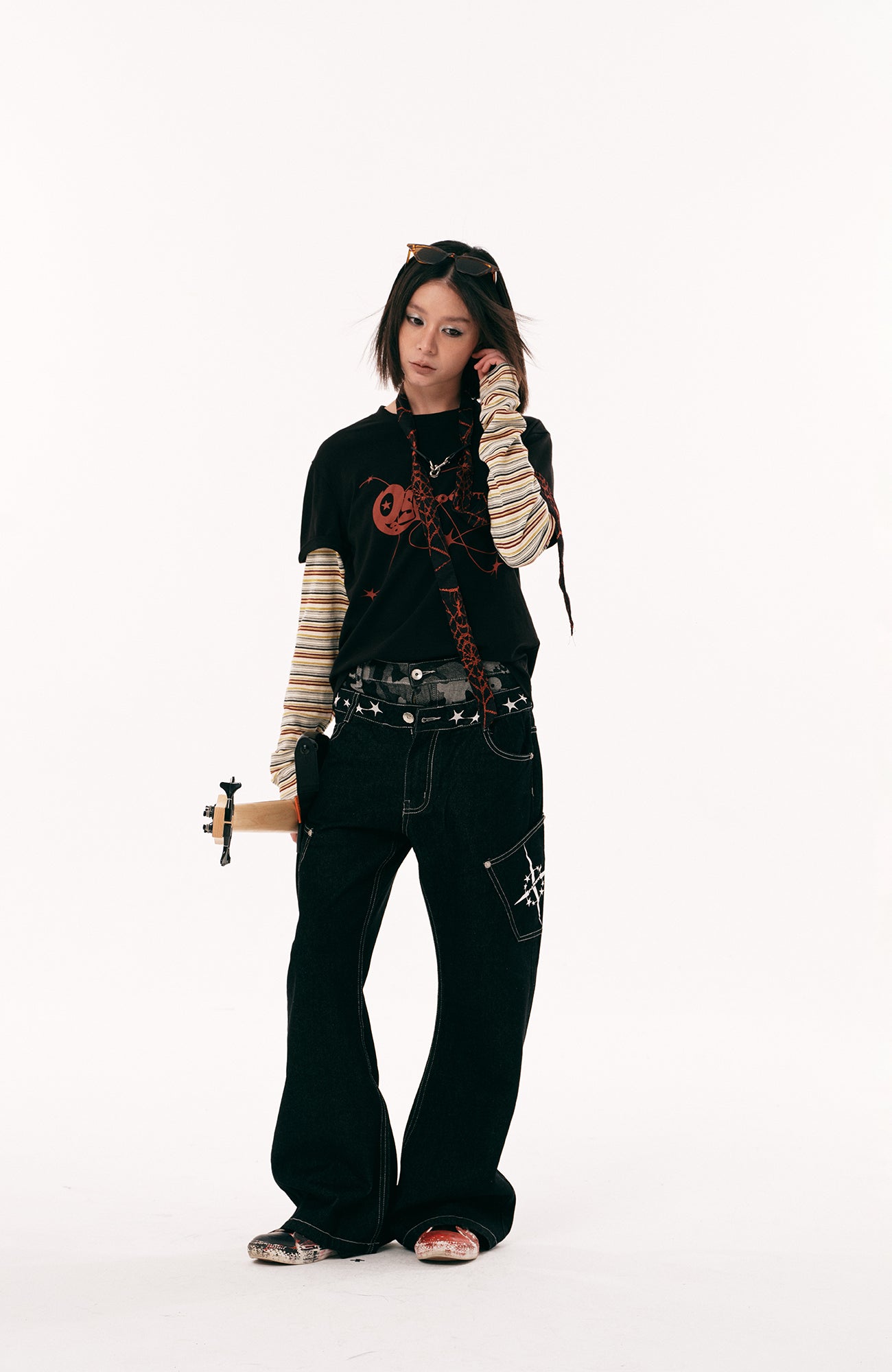 PASET Camo Double Waist Embroidered Jeans-Jeans-S / 28"-Free Shipping Leatheretro