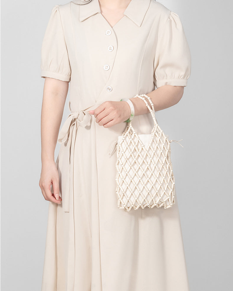 Handwoven Boho Macrame Bag – Elegant Hollow Wood Bead Handbag for Women-ivory white-18*2.5*24CM-Free Shipping Leatheretro