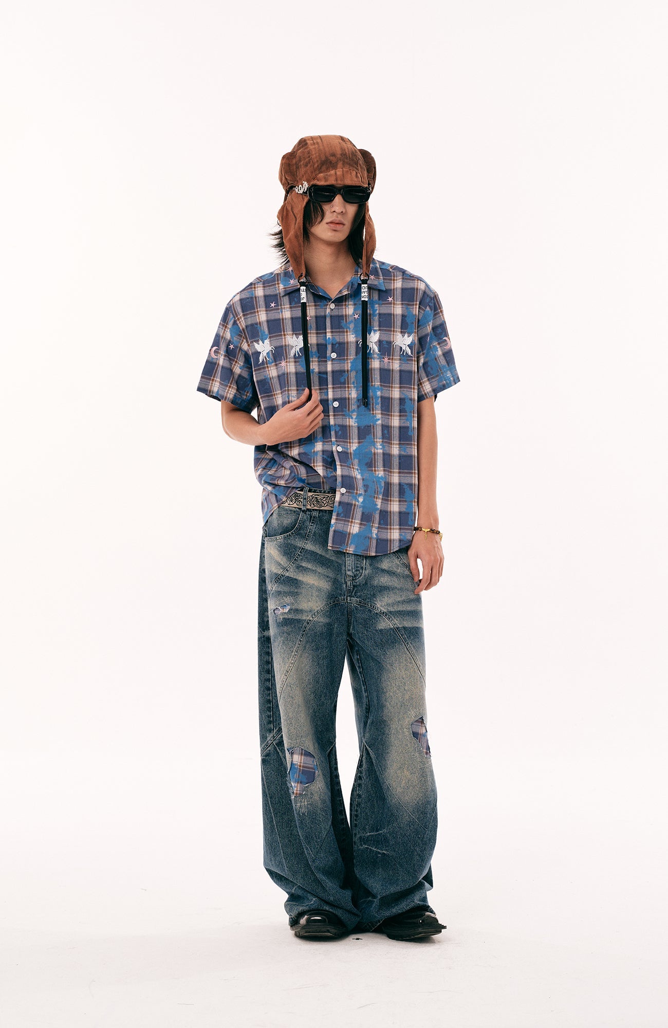 PASET Plaid Patch Distressed Wide-Leg Jeans-Jeans-S / 28"-Free Shipping Leatheretro