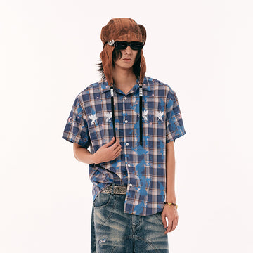 PASET Unicorn Embroidered Plaid Half Shirt-Half shirt-S-Free Shipping Leatheretro