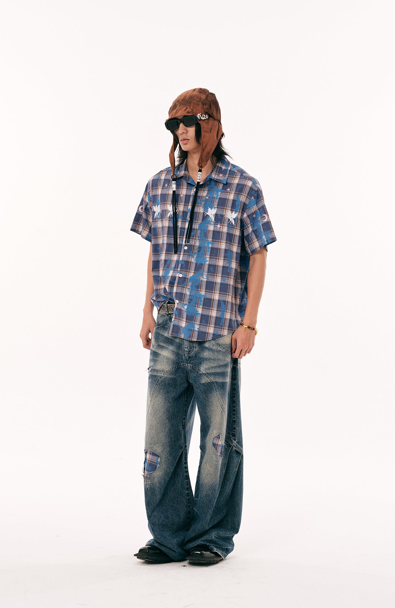 PASET Plaid Patch Distressed Wide-Leg Jeans-Jeans-S / 28"-Free Shipping Leatheretro