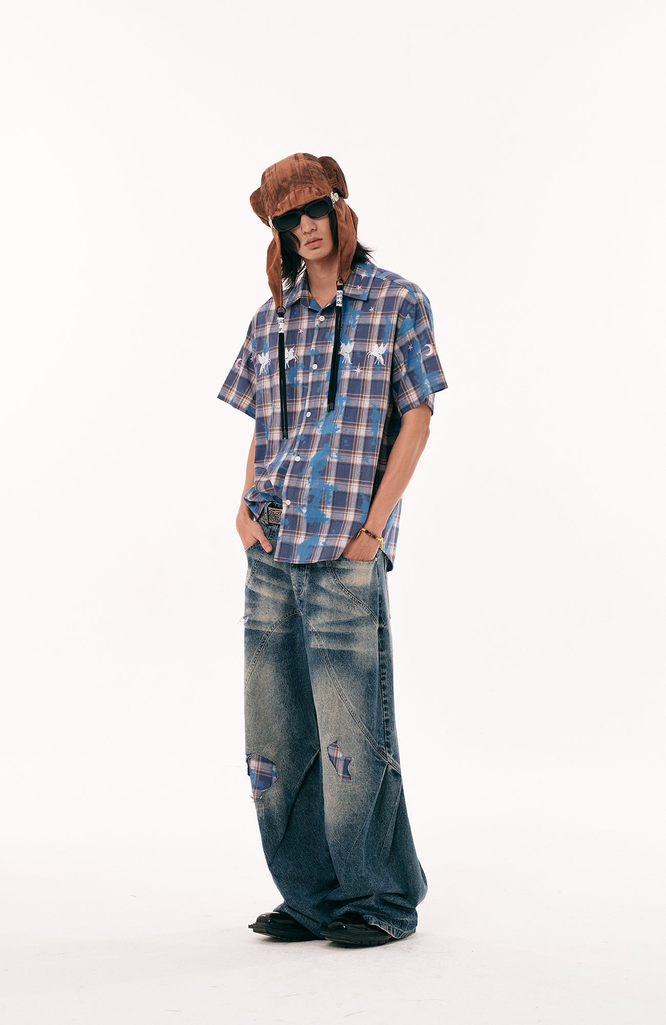 PASET Plaid Patch Distressed Wide-Leg Jeans-Jeans-S / 28"-Free Shipping Leatheretro