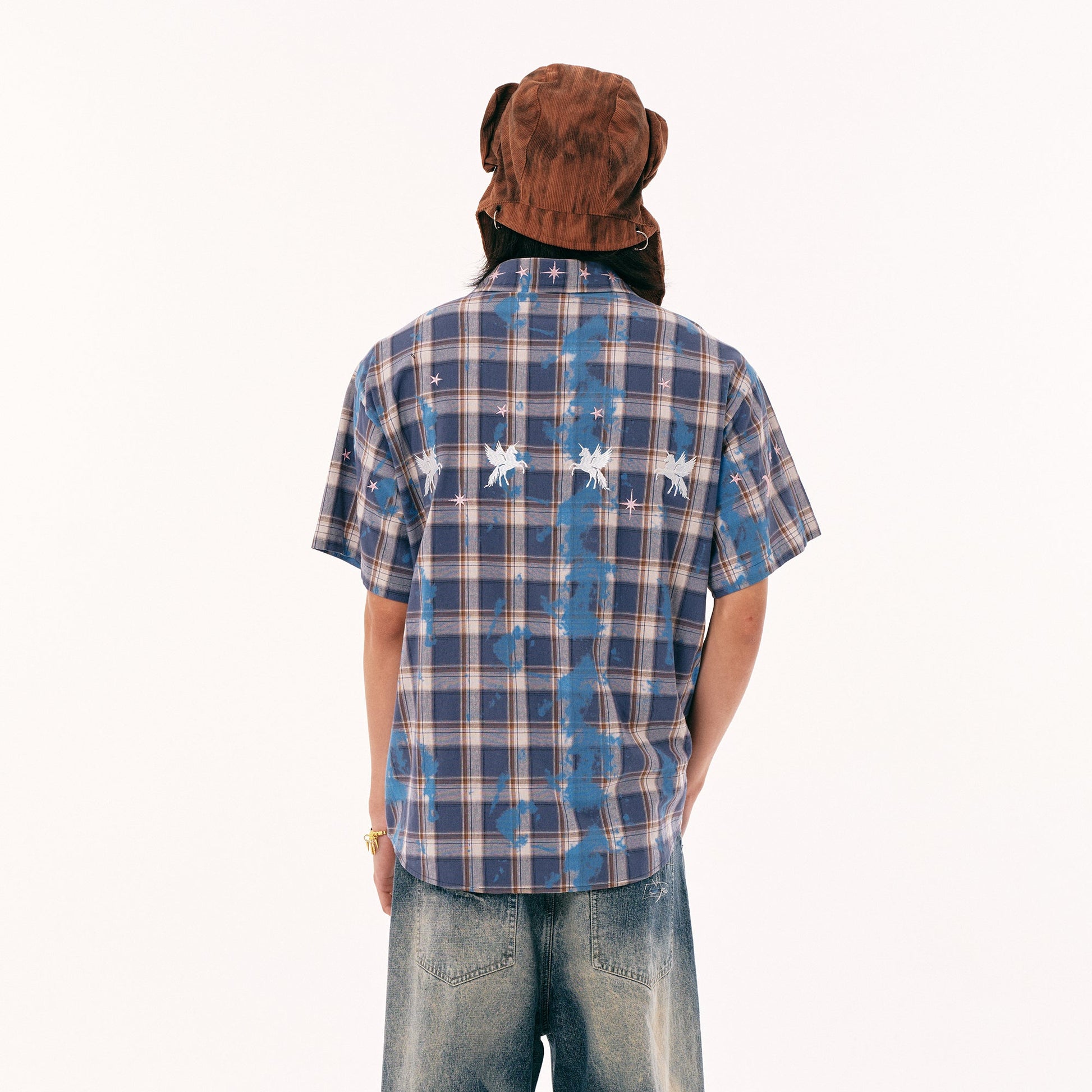 PASET Unicorn Embroidered Plaid Half Shirt-Half shirt-S-Free Shipping Leatheretro