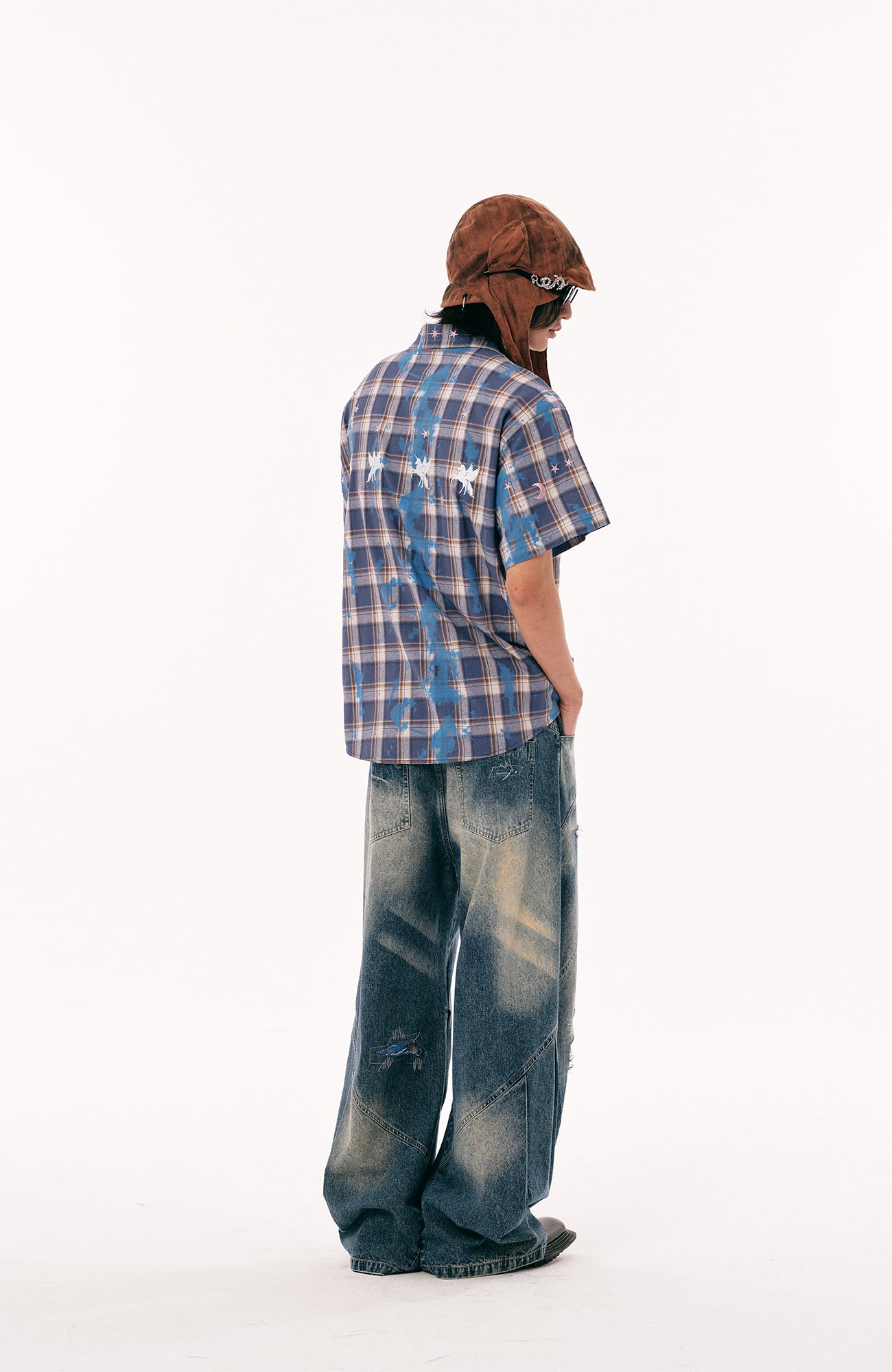PASET Unicorn Embroidered Plaid Half Shirt-Half shirt-S-Free Shipping Leatheretro
