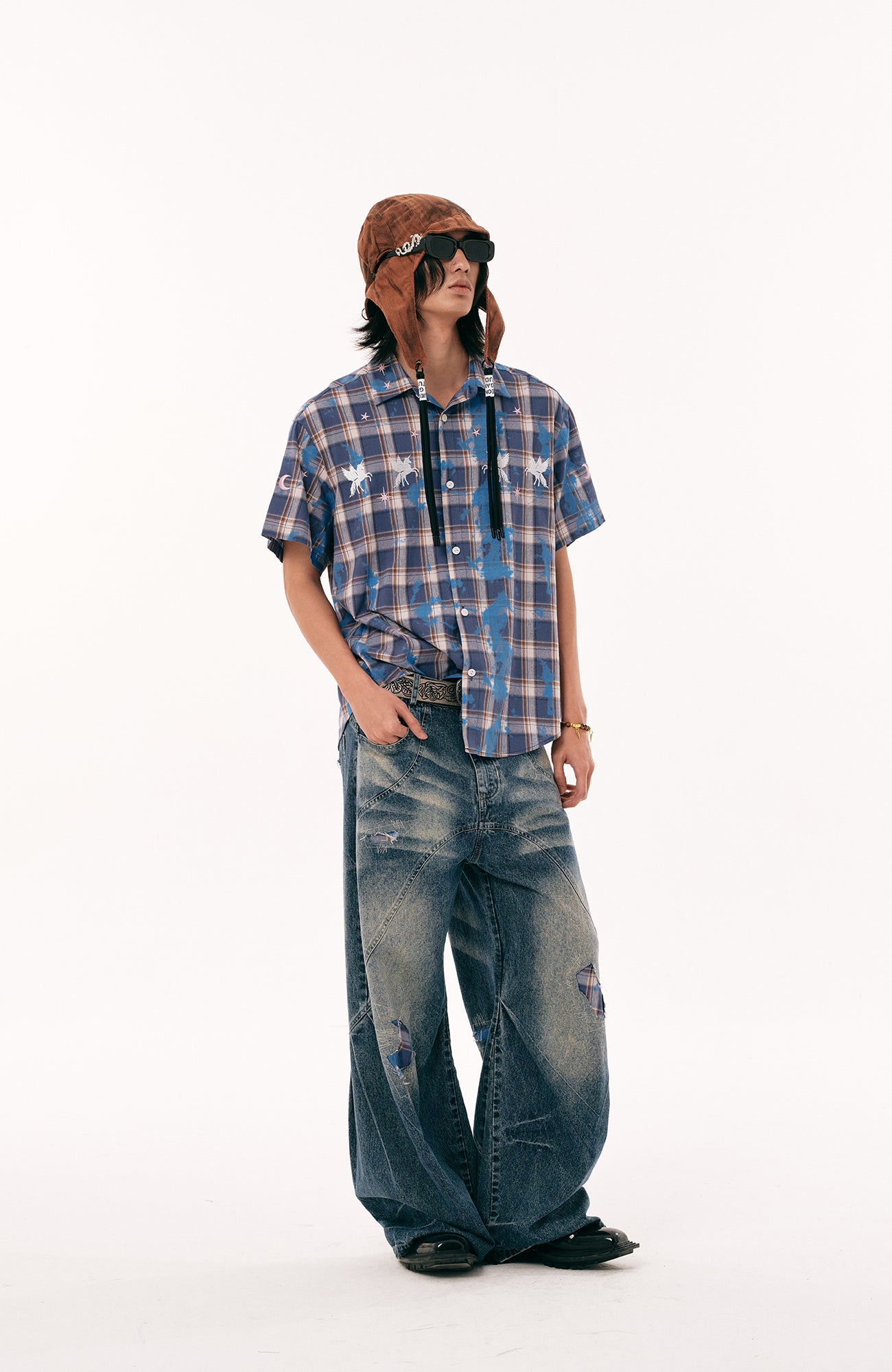 PASET Unicorn Embroidered Plaid Half Shirt-Half shirt-S-Free Shipping Leatheretro