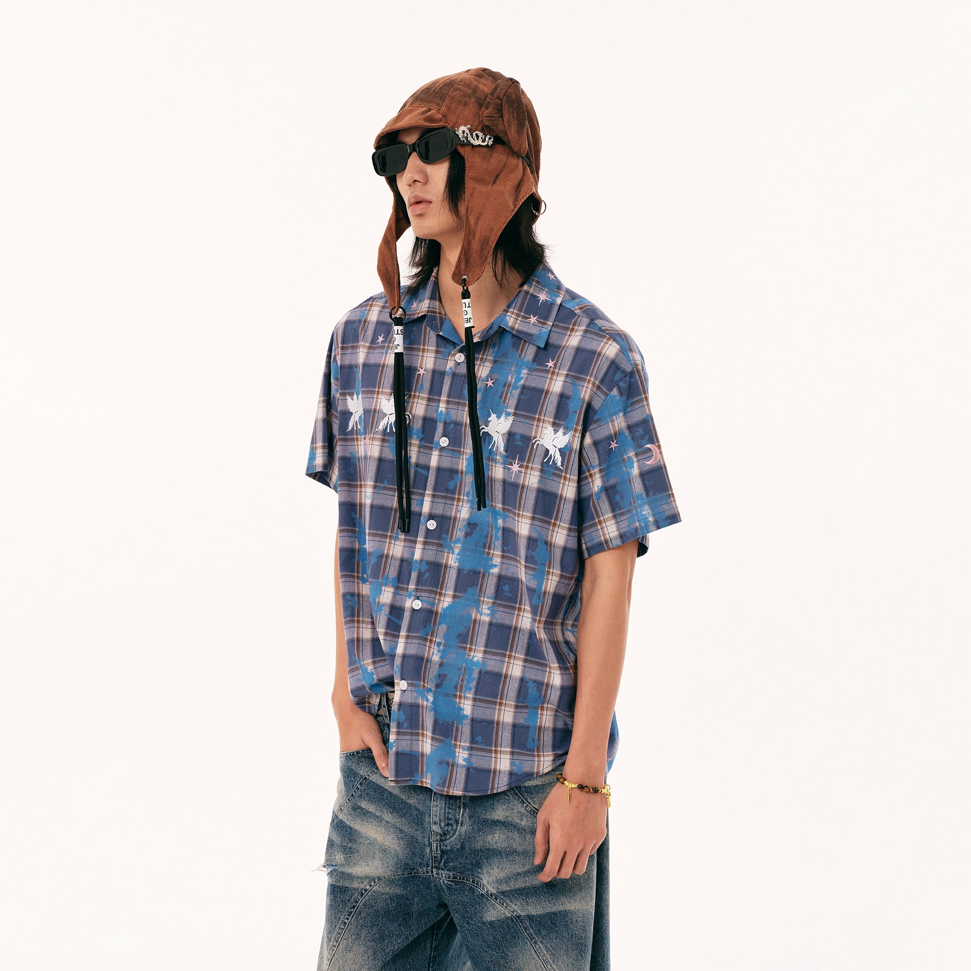 PASET Unicorn Embroidered Plaid Half Shirt-Half shirt-S-Free Shipping Leatheretro
