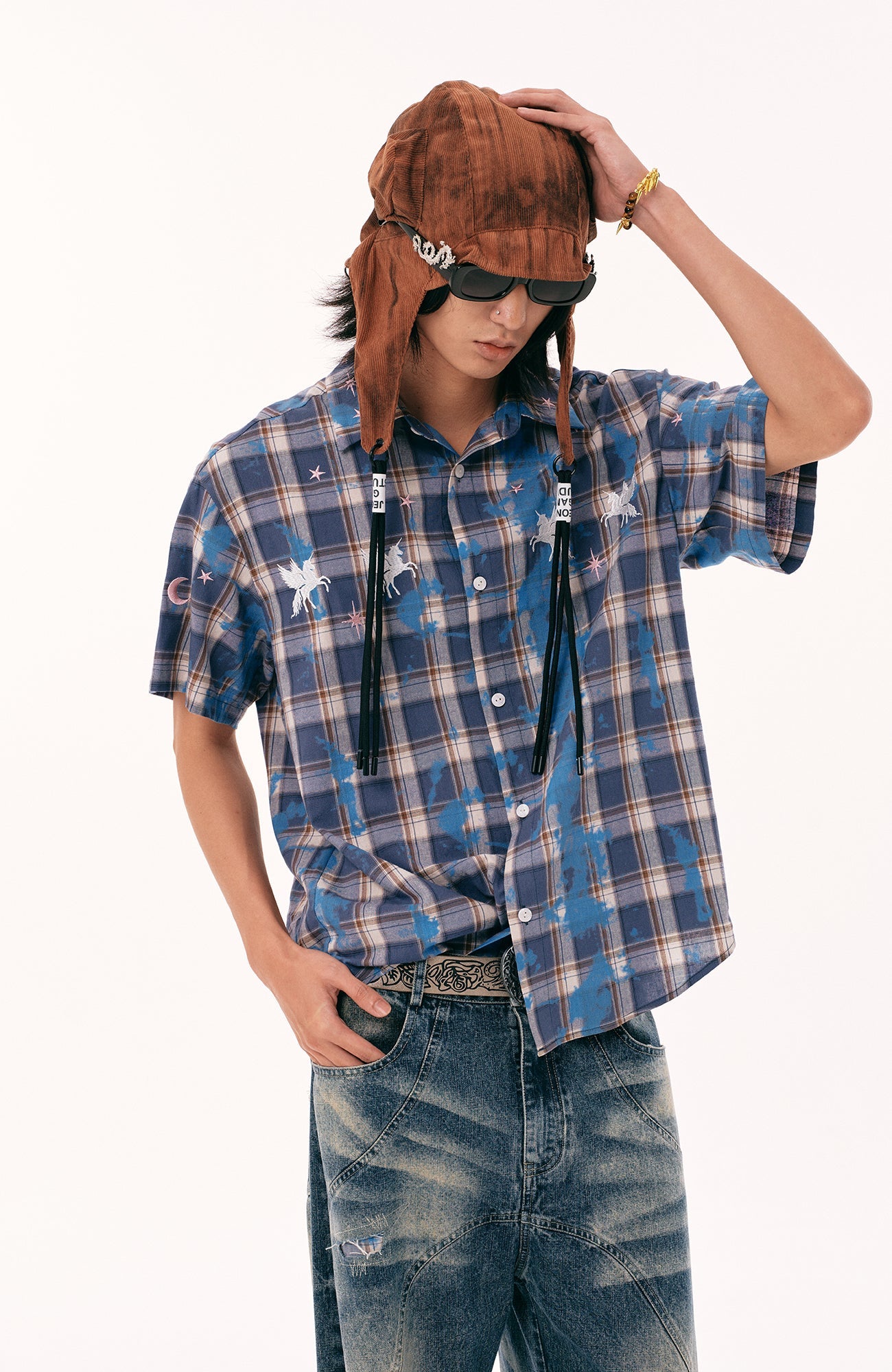PASET Unicorn Embroidered Plaid Half Shirt-Half shirt-S-Free Shipping Leatheretro