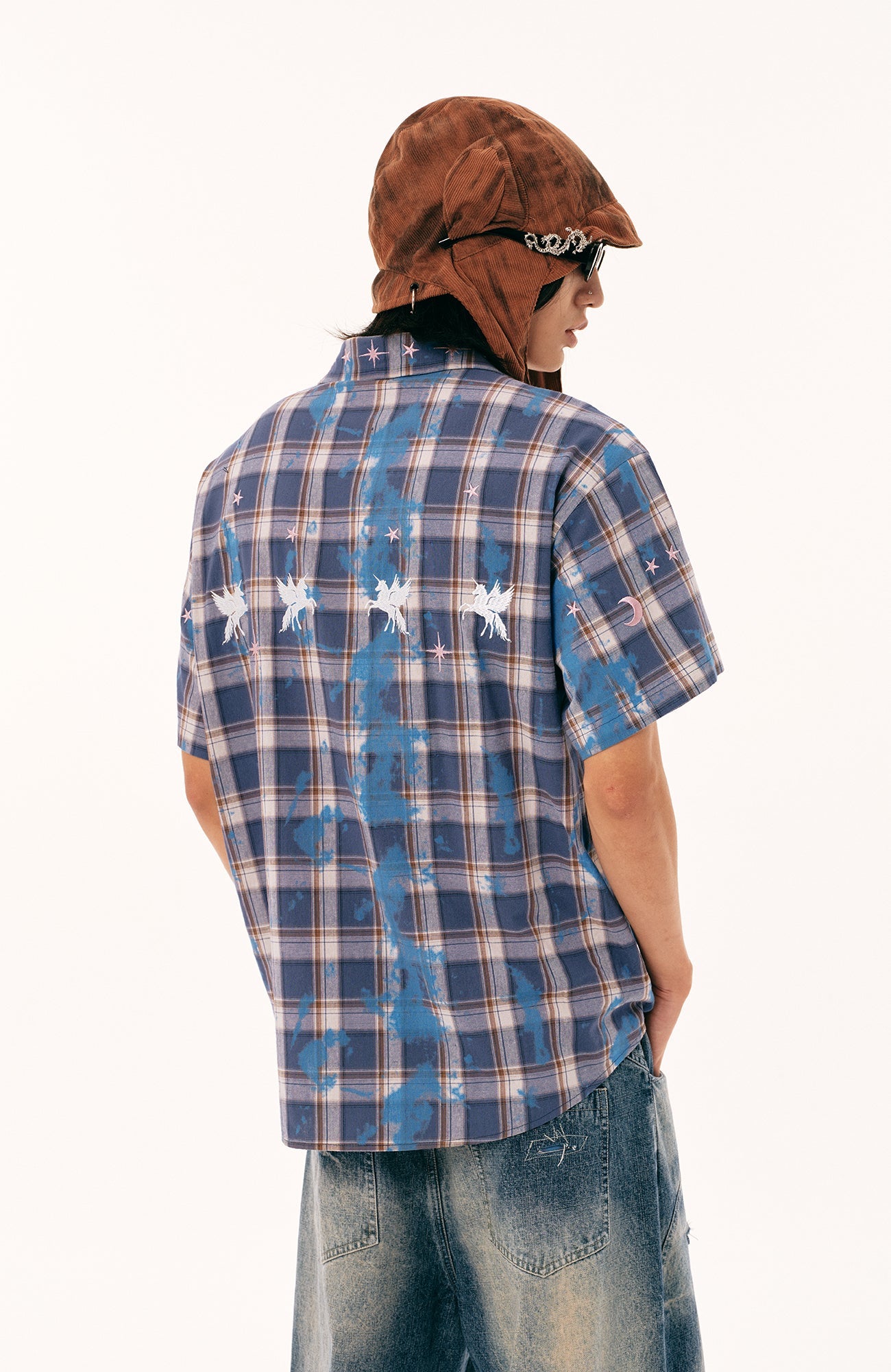 PASET Unicorn Embroidered Plaid Half Shirt-Half shirt-S-Free Shipping Leatheretro