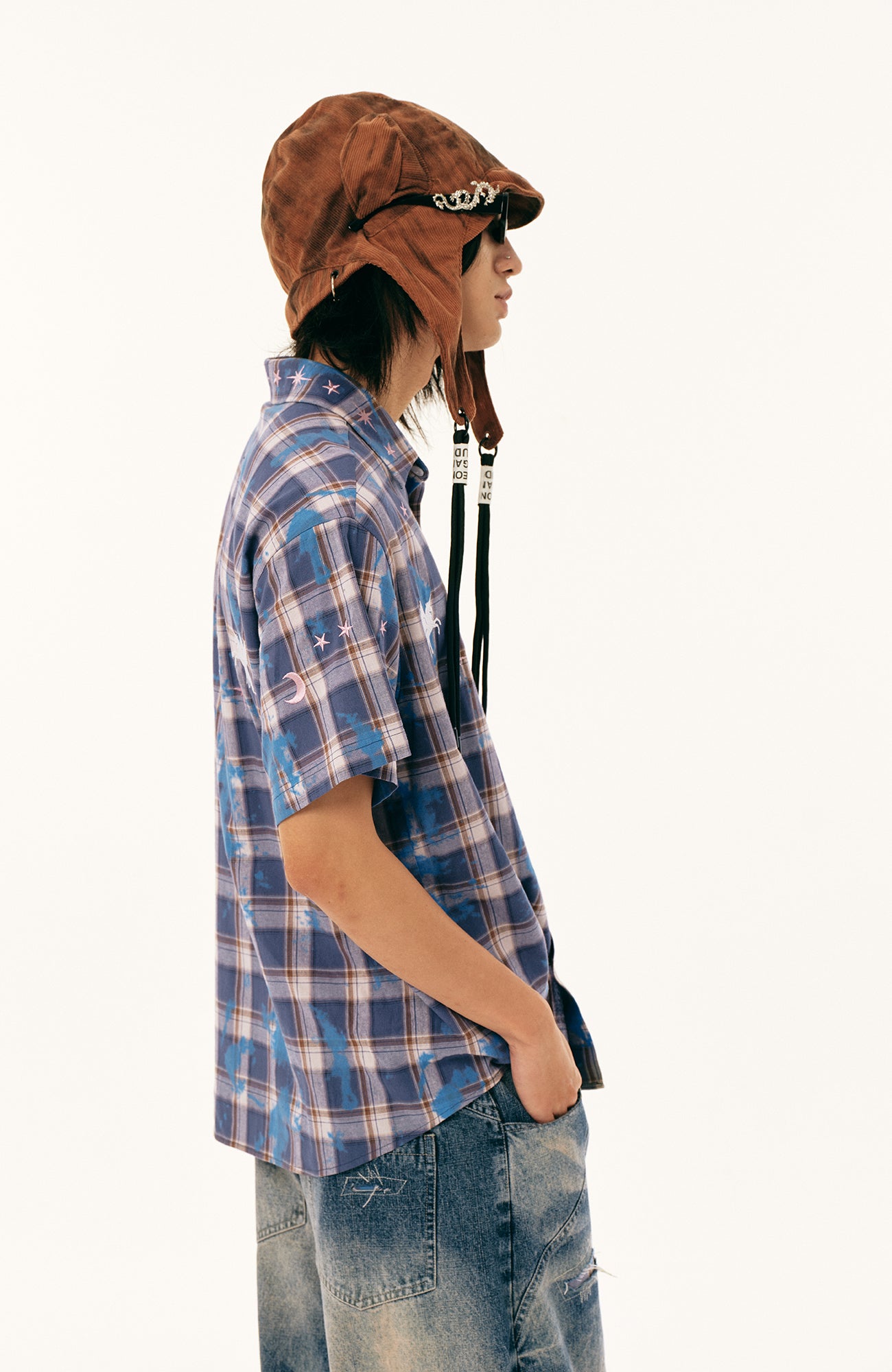 PASET Unicorn Embroidered Plaid Half Shirt-Half shirt-S-Free Shipping Leatheretro