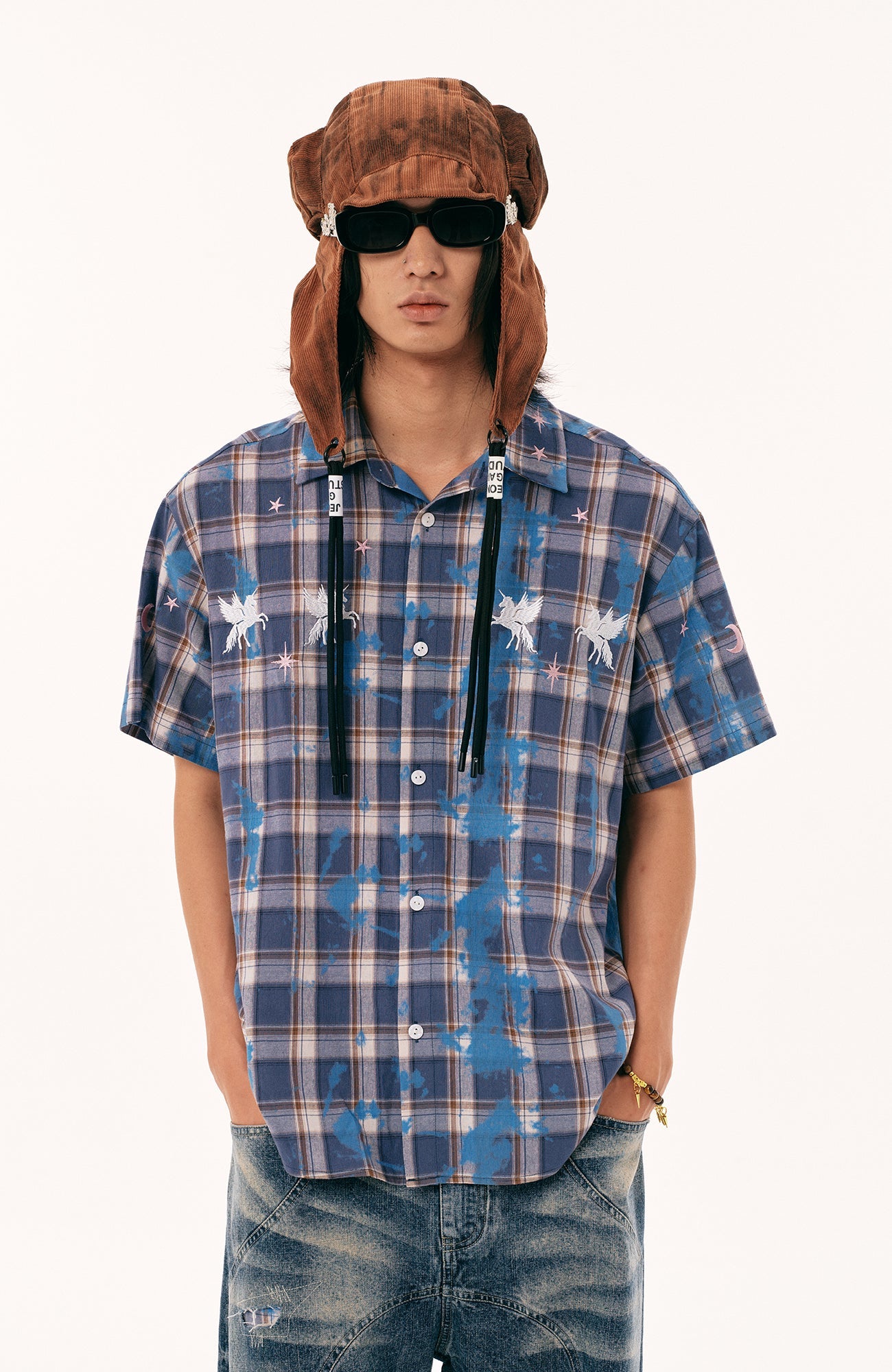 PASET Unicorn Embroidered Plaid Half Shirt-Half shirt-S-Free Shipping Leatheretro