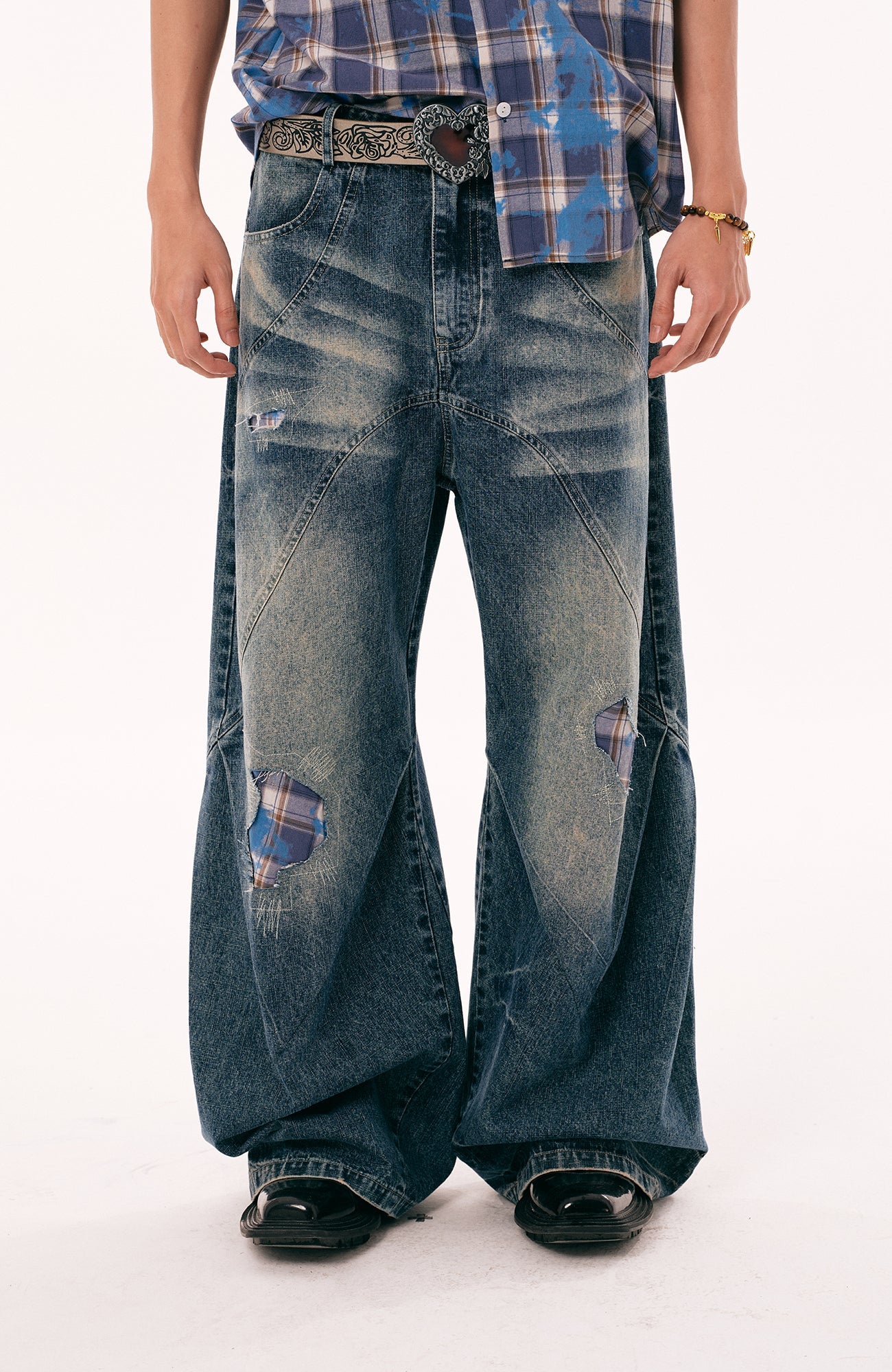 PASET Plaid Patch Distressed Wide-Leg Jeans-Jeans-S / 28"-Free Shipping Leatheretro
