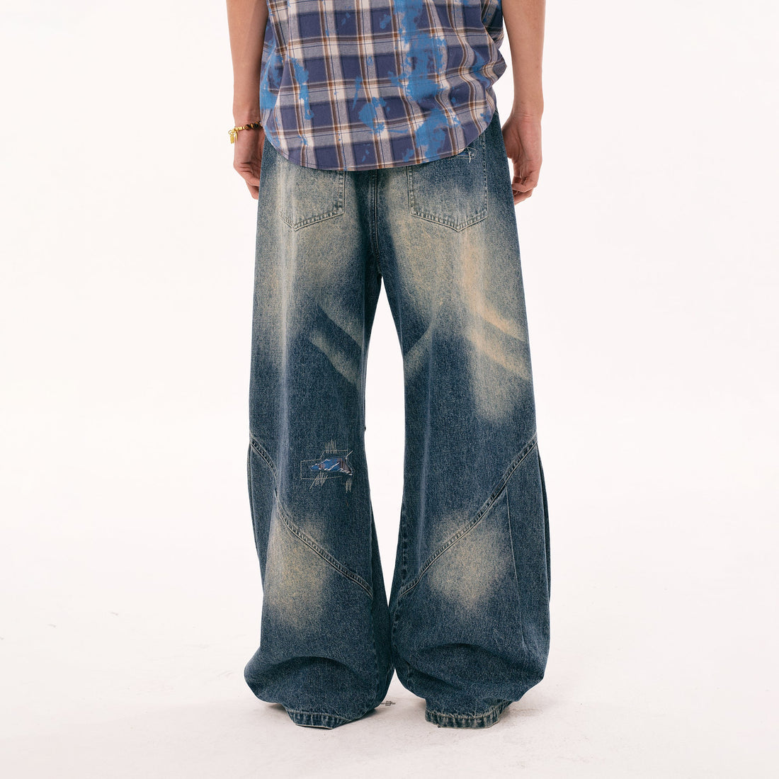 PASET Plaid Patch Distressed Wide-Leg Jeans-Jeans-S / 28"-Free Shipping Leatheretro