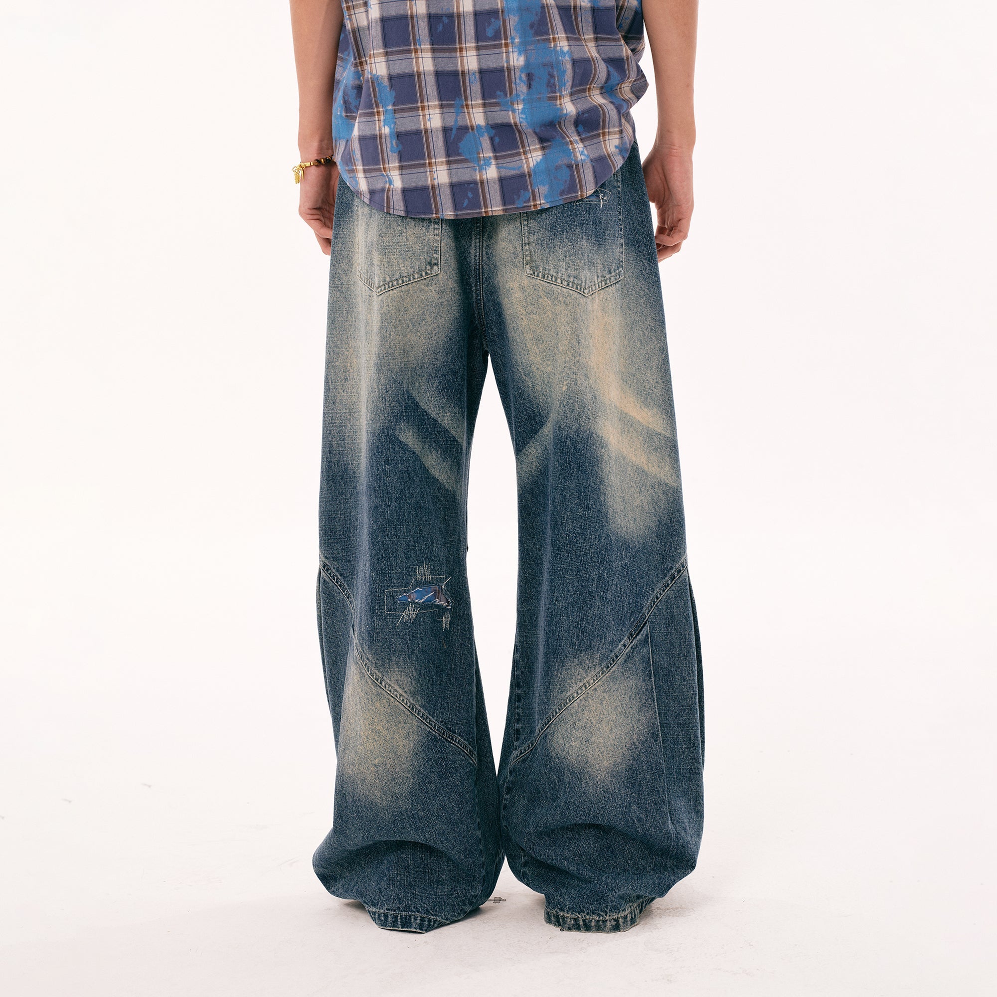 PASET Plaid Patch Distressed Wide-Leg Jeans-Jeans-S / 28"-Free Shipping Leatheretro