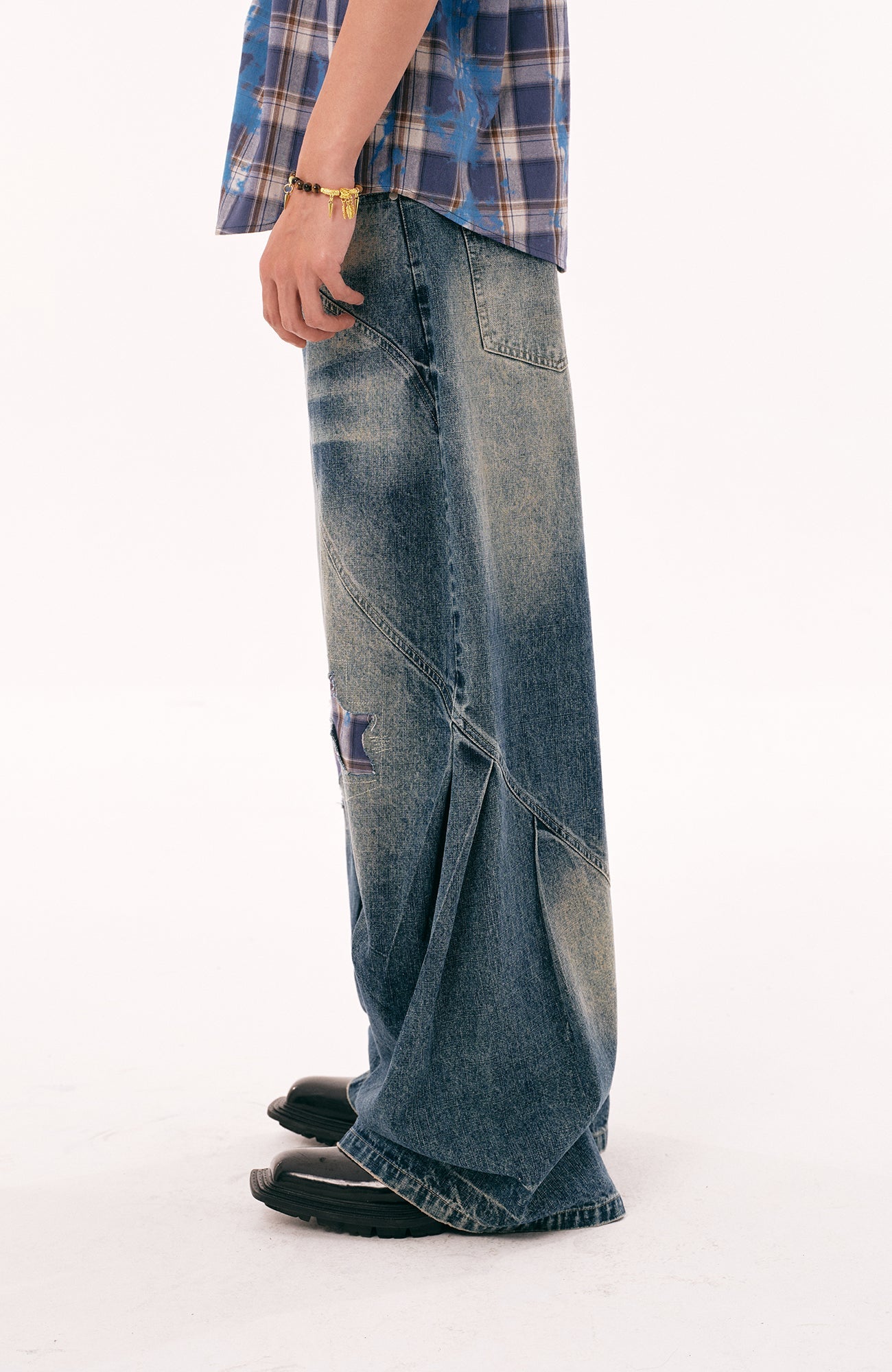 PASET Plaid Patch Distressed Wide-Leg Jeans-Jeans-S / 28"-Free Shipping Leatheretro
