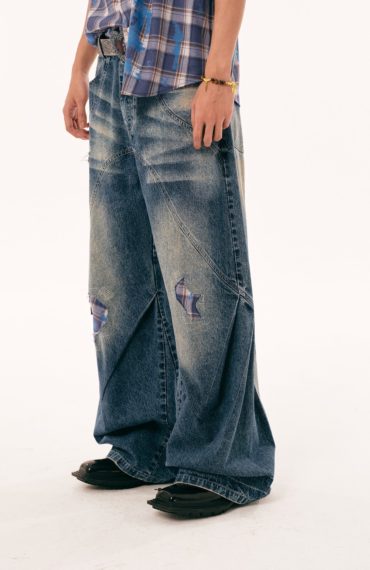 PASET Plaid Patch Distressed Wide-Leg Jeans-Jeans-S / 28"-Free Shipping Leatheretro