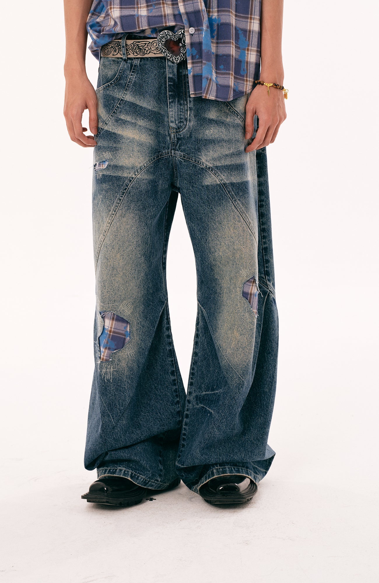 PASET Plaid Patch Distressed Wide-Leg Jeans-Jeans-S / 28"-Free Shipping Leatheretro