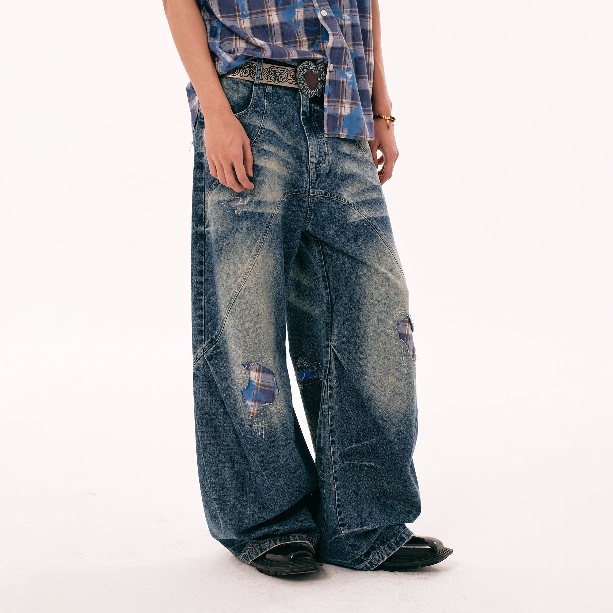 PASET Plaid Patch Distressed Wide-Leg Jeans-Jeans-S / 28"-Free Shipping Leatheretro