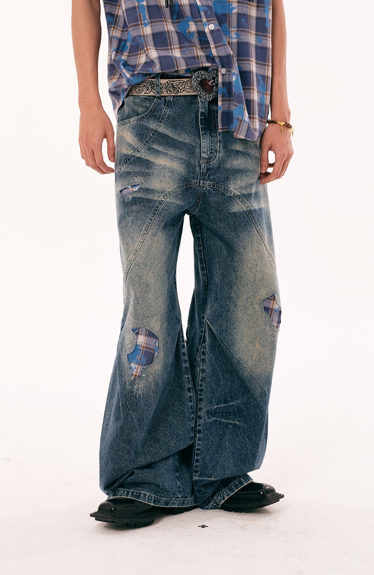 PASET Plaid Patch Distressed Wide-Leg Jeans-Jeans-S / 28"-Free Shipping Leatheretro