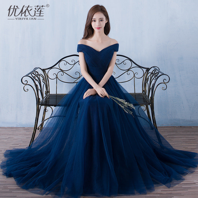 Elegant Off The Shoulder Long Party Dresses-Dresses-Navy Blue-US 2-Free Shipping Leatheretro