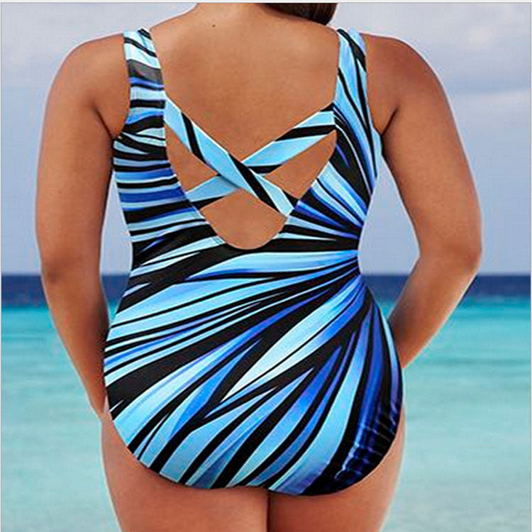 Sexy Women Striped Plus Sizes Women One Piece Swimwear-Swimwear-Rainbow-L-Free Shipping Leatheretro