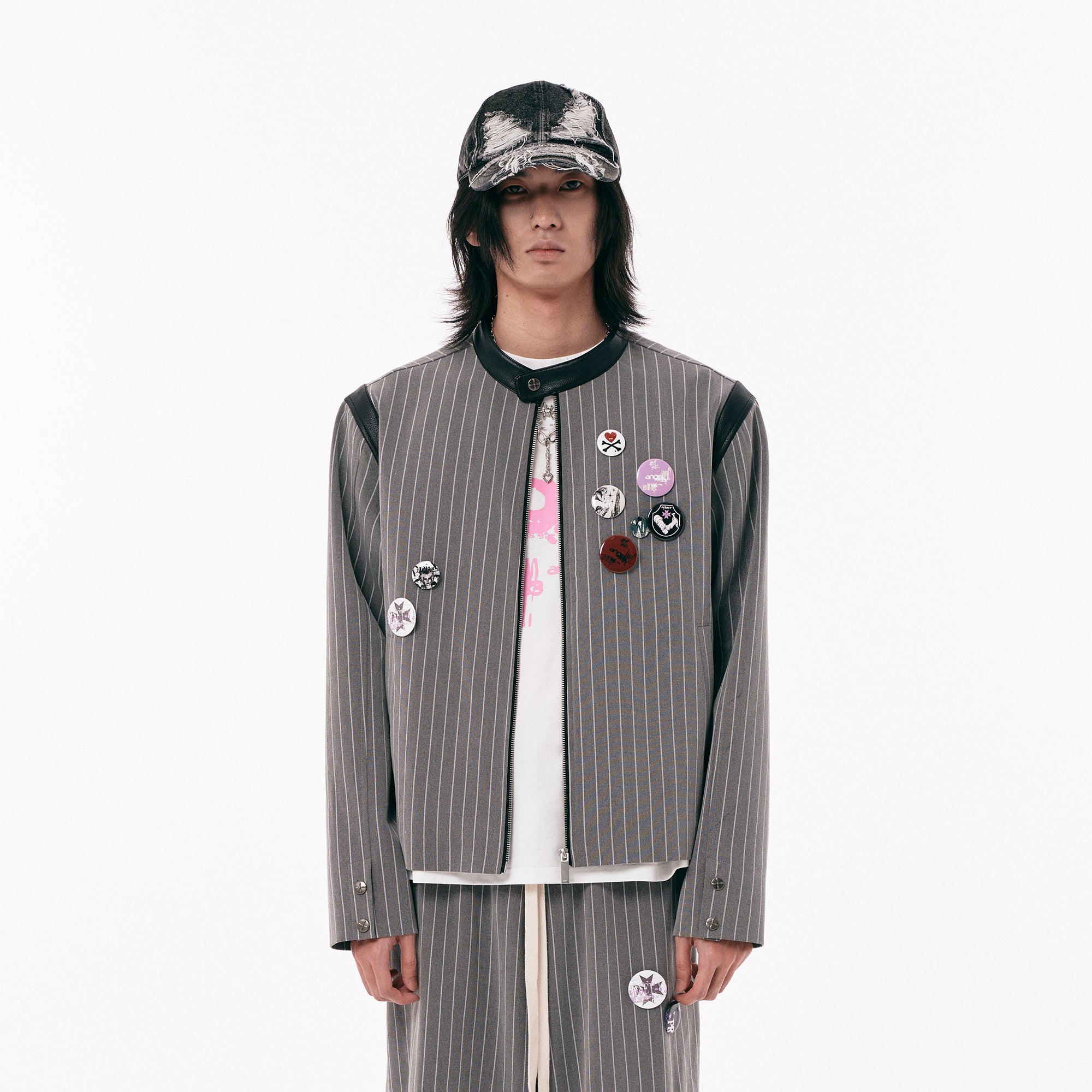PASET Pinstripe Badge Zip-Up Jacket-Jacket-S-Free Shipping Leatheretro