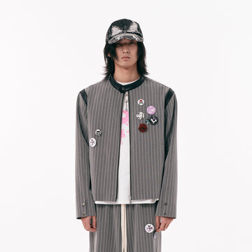 PASET Pinstripe Badge Zip-Up Jacket-Jacket-S-Free Shipping Leatheretro