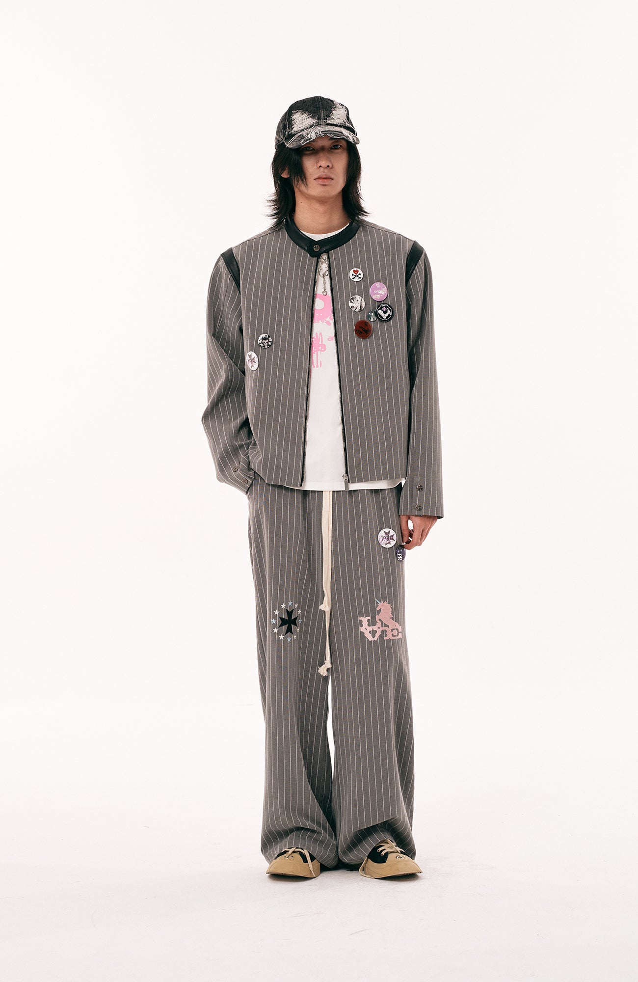 PASET Pinstripe Badge Zip-Up Jacket-Jacket-S-Free Shipping Leatheretro