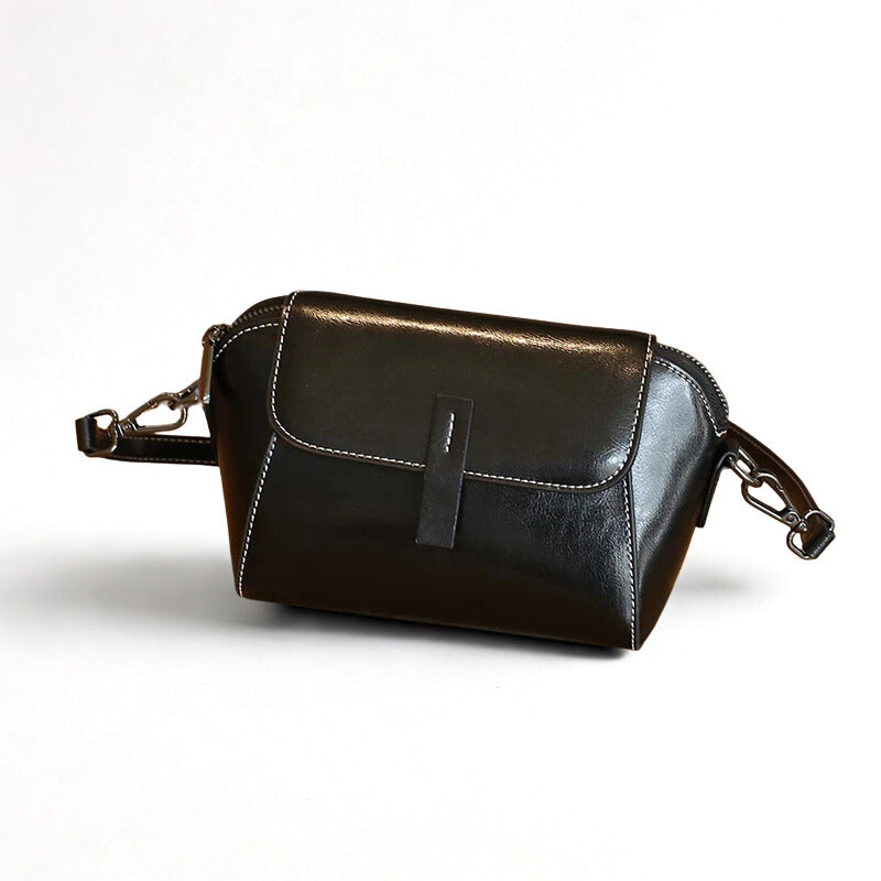 Oil Wax Cowhide Leather Crossbody Bag - Fashionable Versatile Shoulder Shell Handbag-Crossbody Bag-Black-Free Shipping Leatheretro