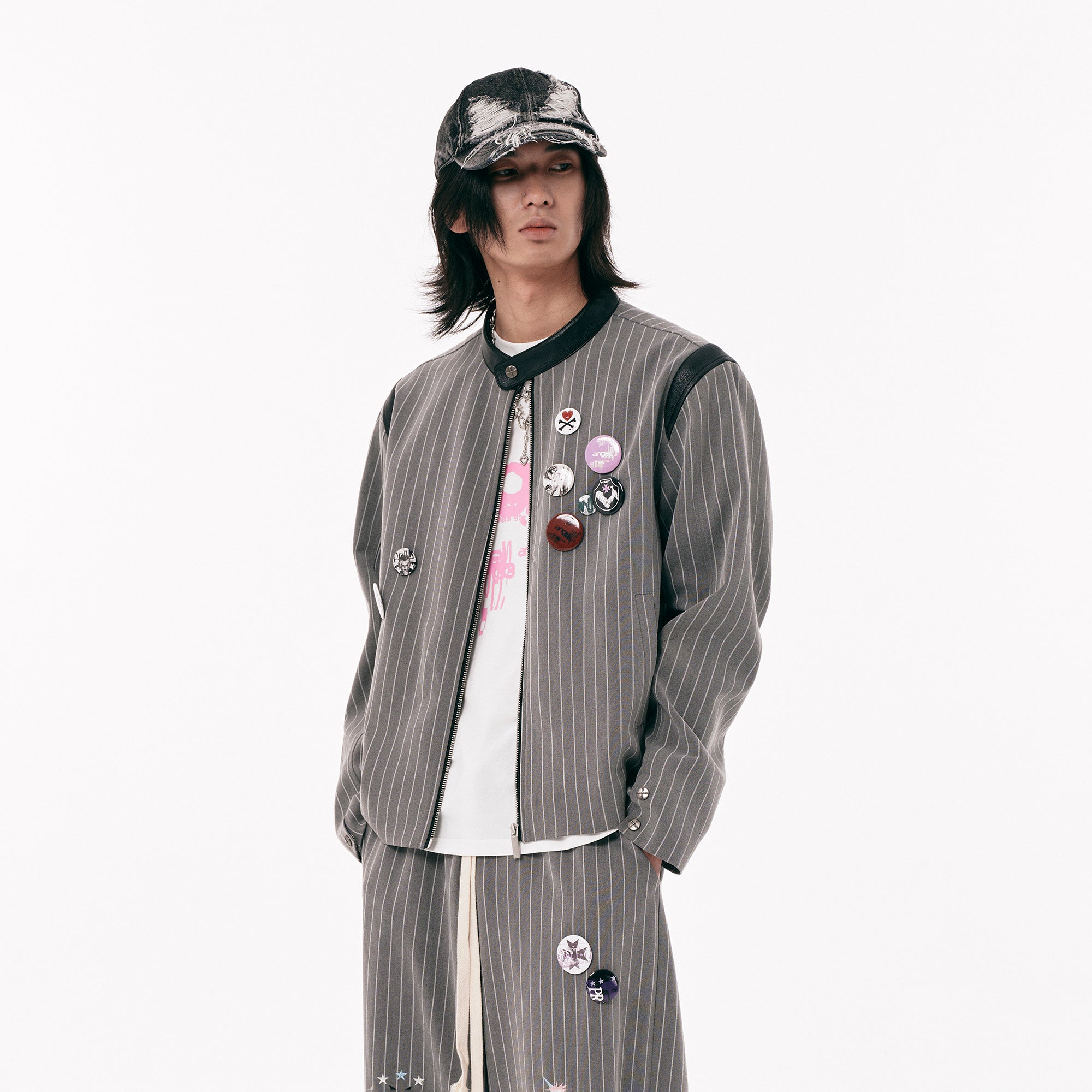 PASET Pinstripe Badge Zip-Up Jacket-Jacket-S-Free Shipping Leatheretro