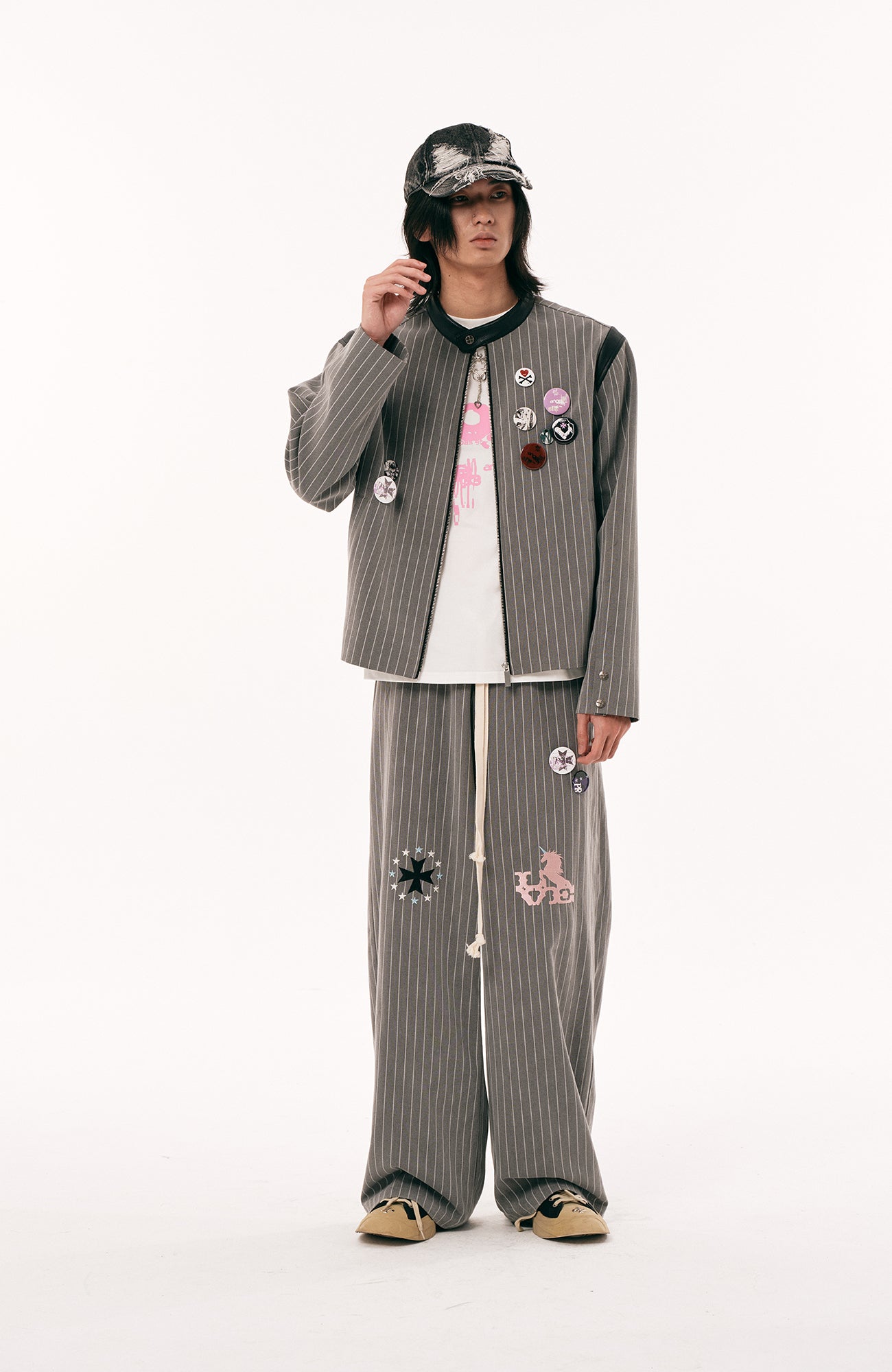 PASET Pinstripe Badge Zip-Up Jacket-Jacket-S-Free Shipping Leatheretro