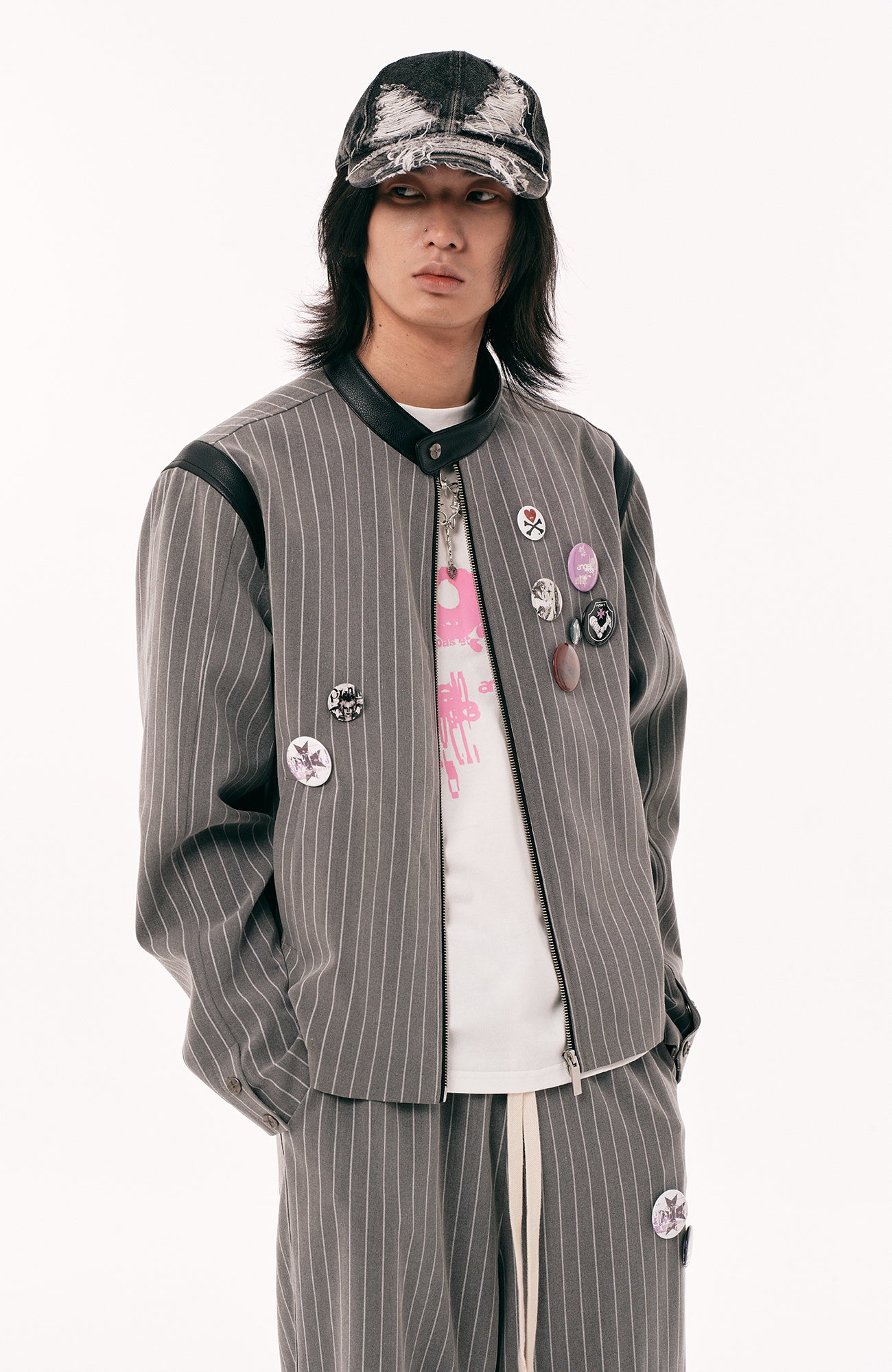 PASET Pinstripe Badge Zip-Up Jacket-Jacket-S-Free Shipping Leatheretro